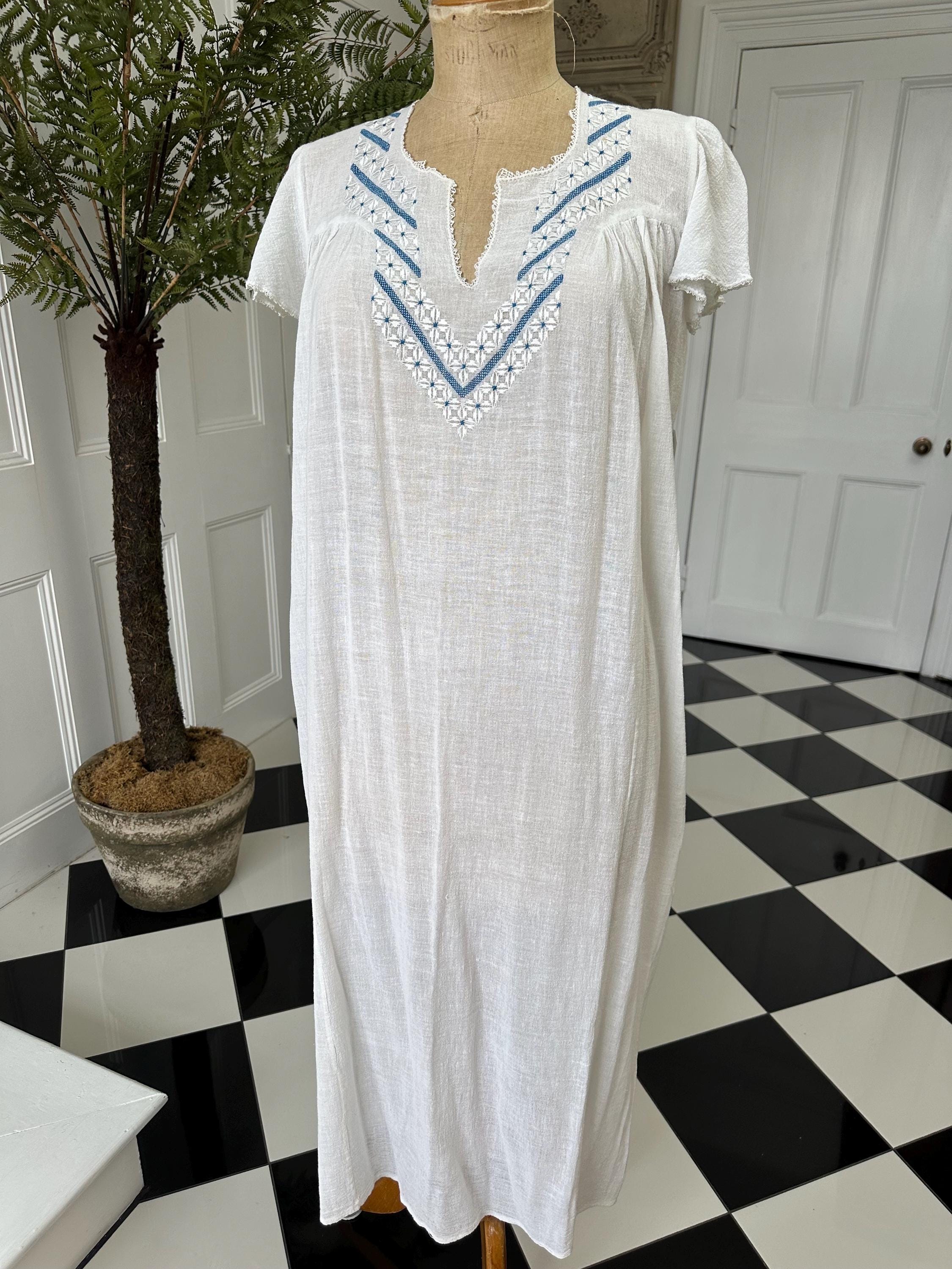 1970s hand loomed cotton muslin  hand embroidered smock dress