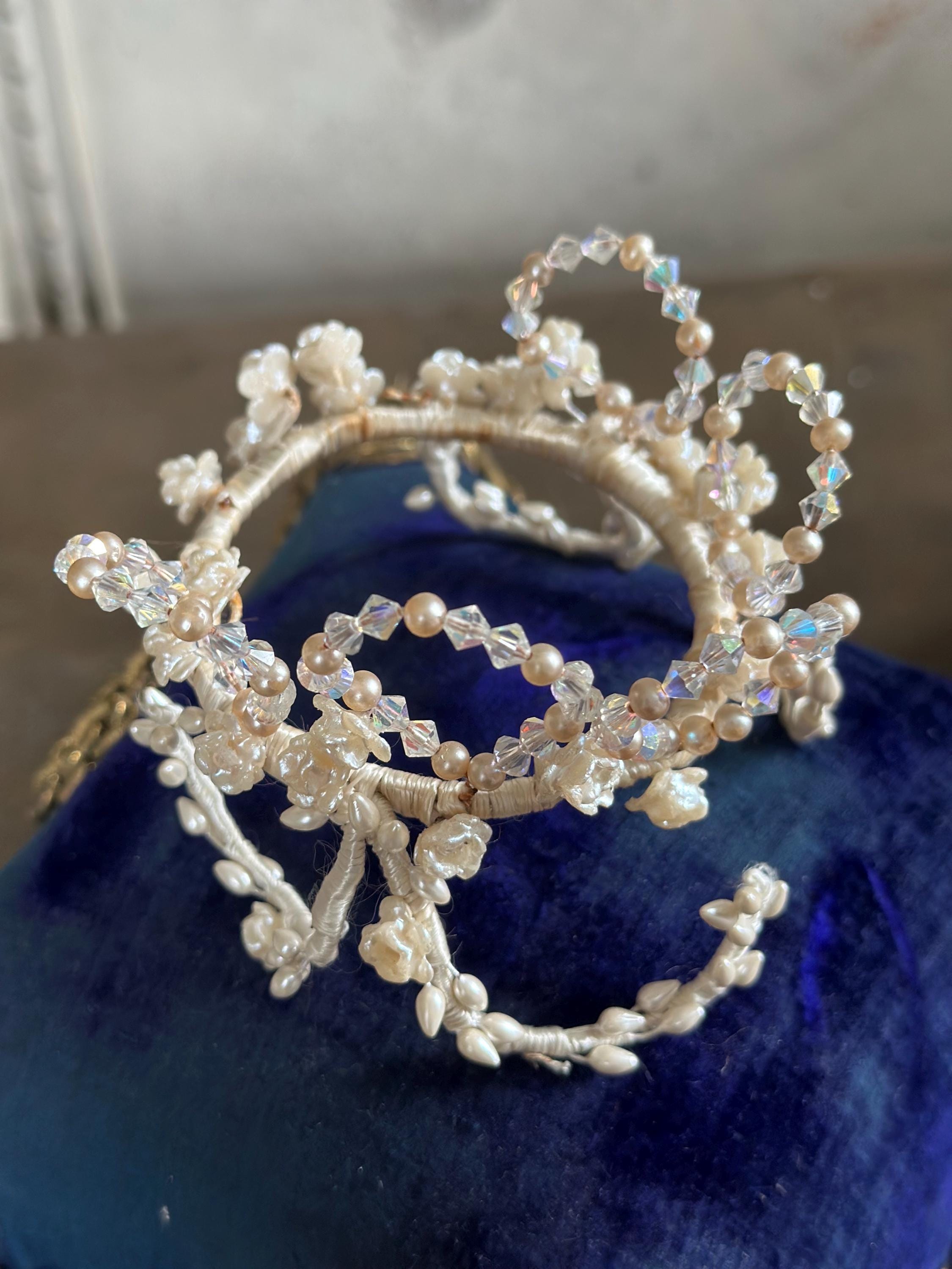 Charming Floral Wax Tiara with Crystal Accents 1930s 40s