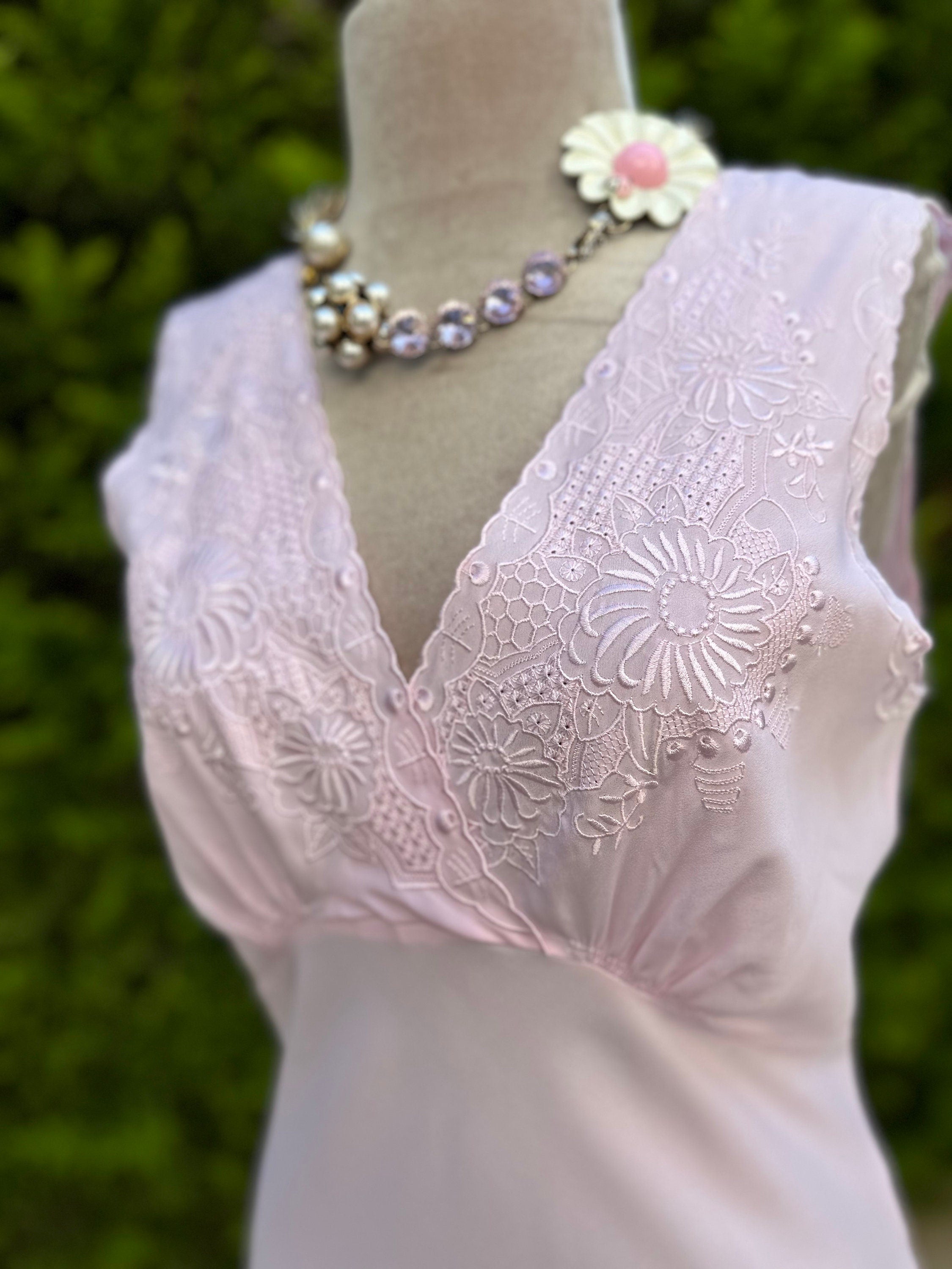 1970 Vintage long pink slip dress with a crossover top with embroidery details