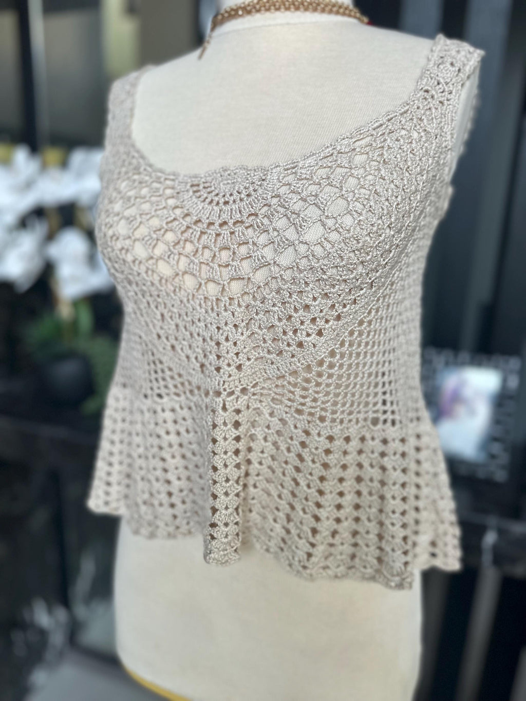 Hand Crocheted Beige Tank Top – Boho Lace Knit Sleeveless Peplum Shirt
