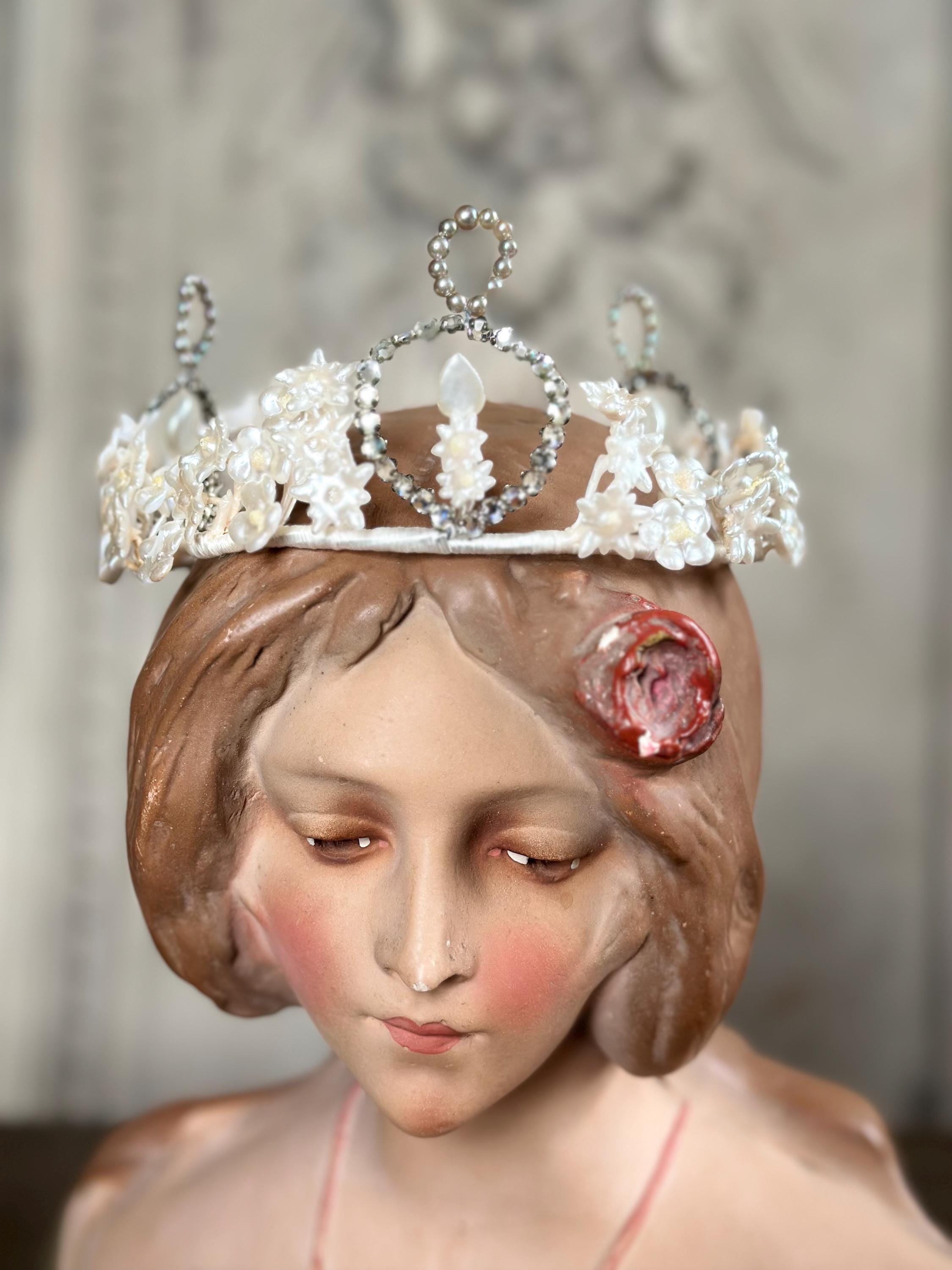 1910s 1920s Wax Elegant Handcrafted Pearl and Crystal wedding Tiara