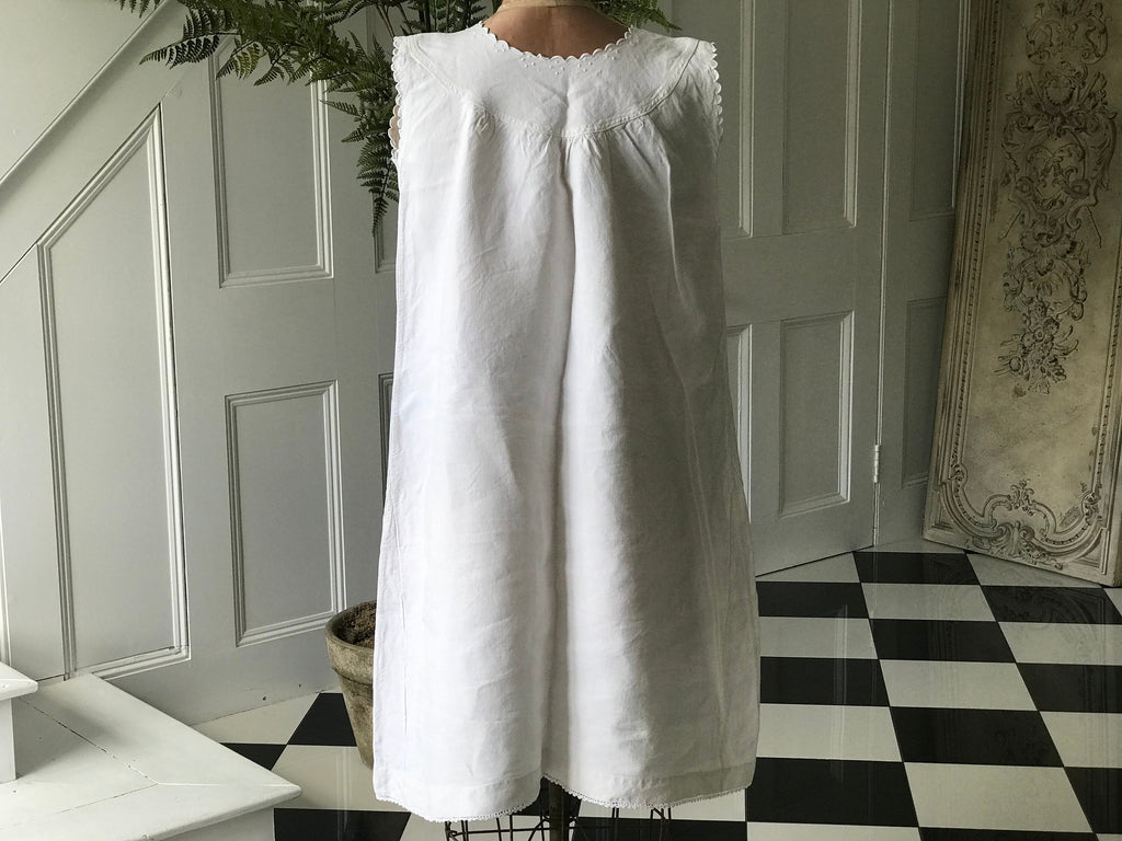 Antique Linen Smock Dress: Hand Embroidered Monogram, UK 8-10