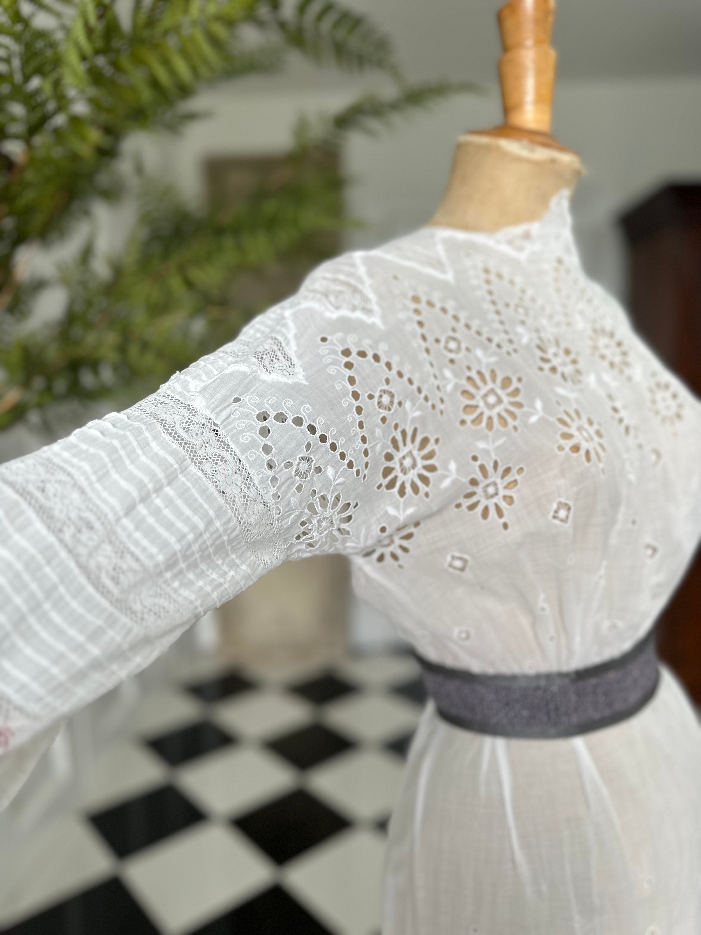Antique Edwardian white broderie anglaise cotton lawn dress hand embroidered details.