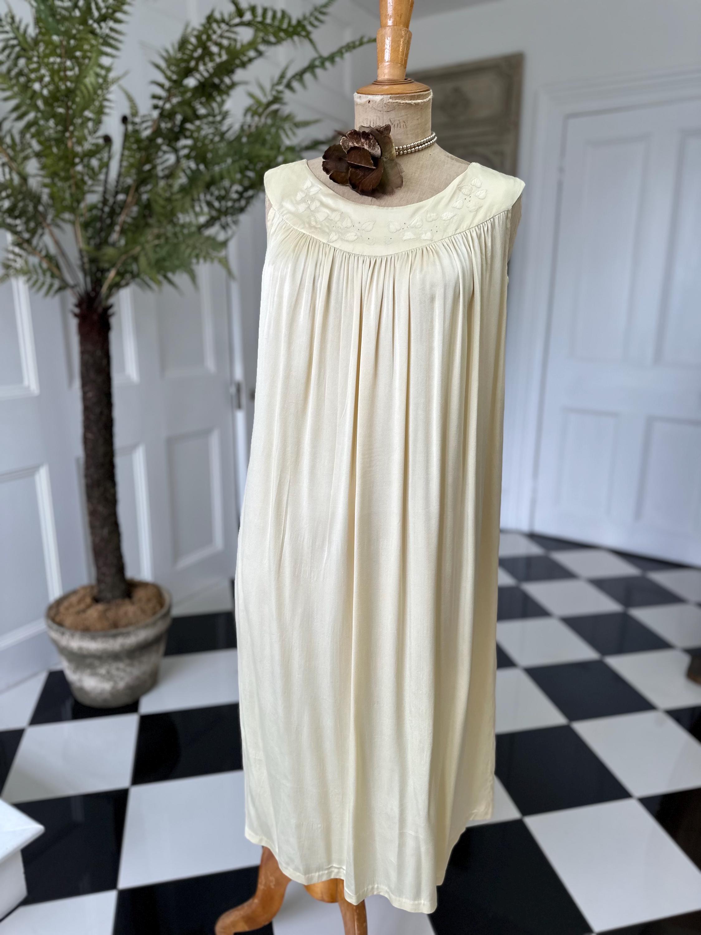 1940s boat neck  buttercup cream smock style silk slip with hand embroidery