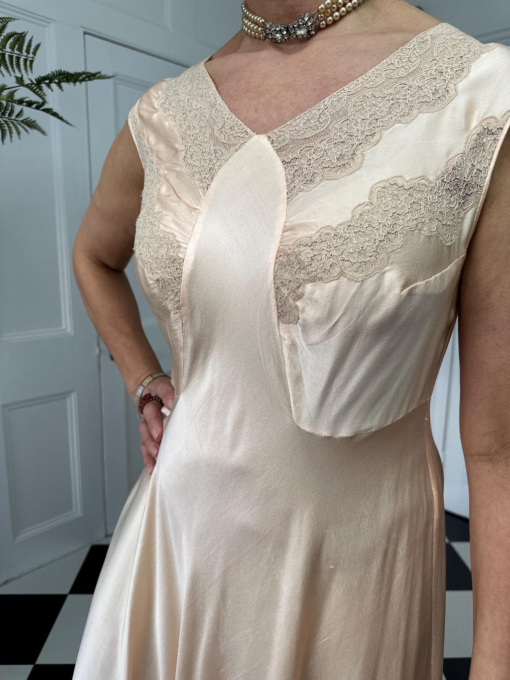 1930s silk and lace long slip dress in peach