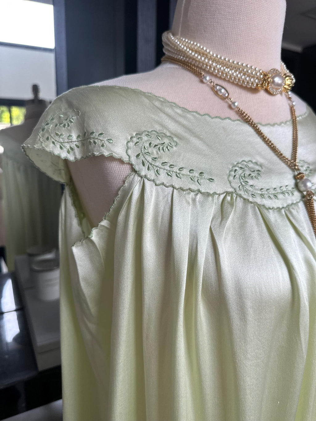 Antique 1920s-1930s Sage Silk Nightgown – Authentic Art Deco Off-Shoulder Gown