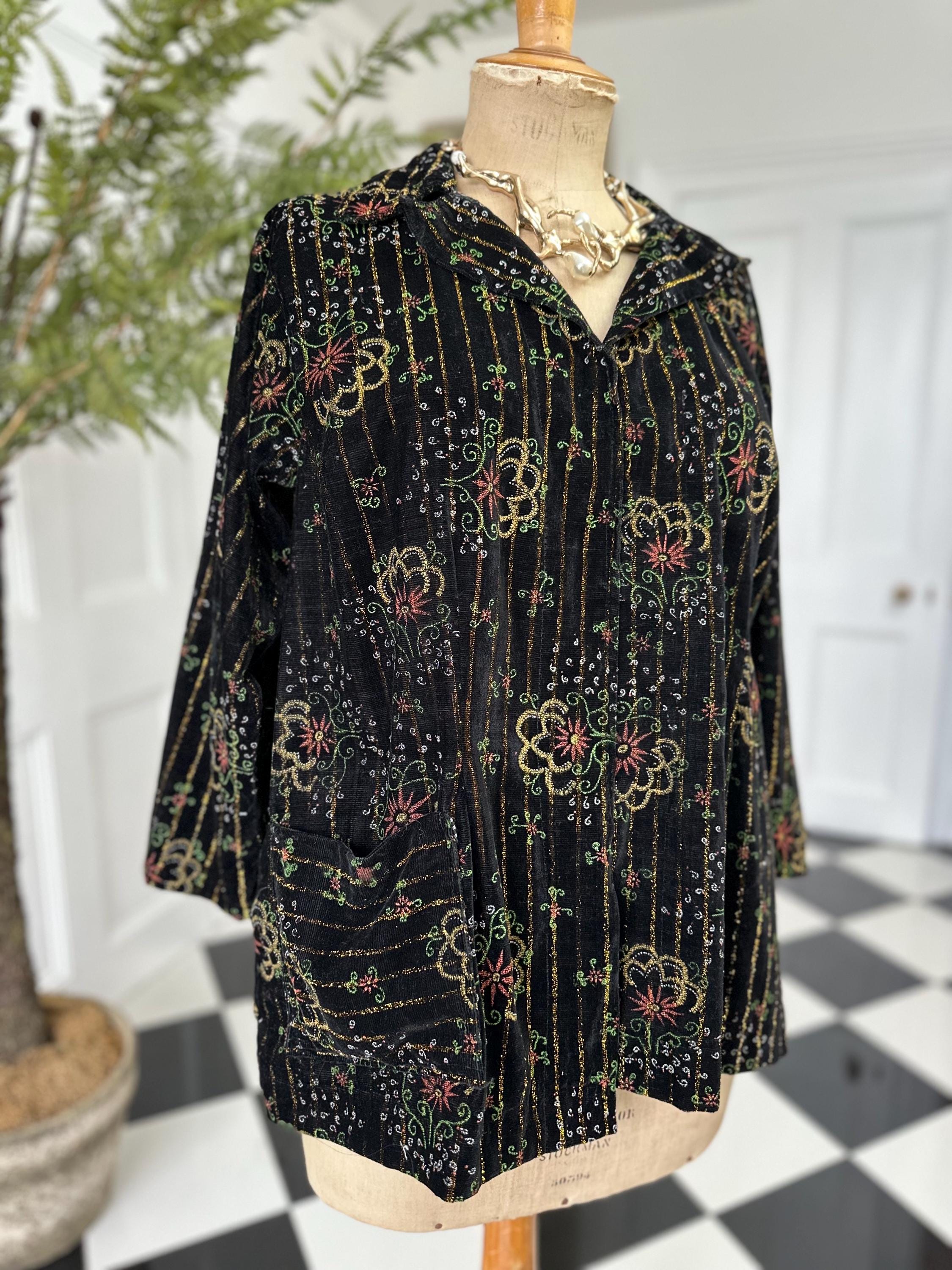 1970s box style velvet jacket blouse in gold thread floral embroidery