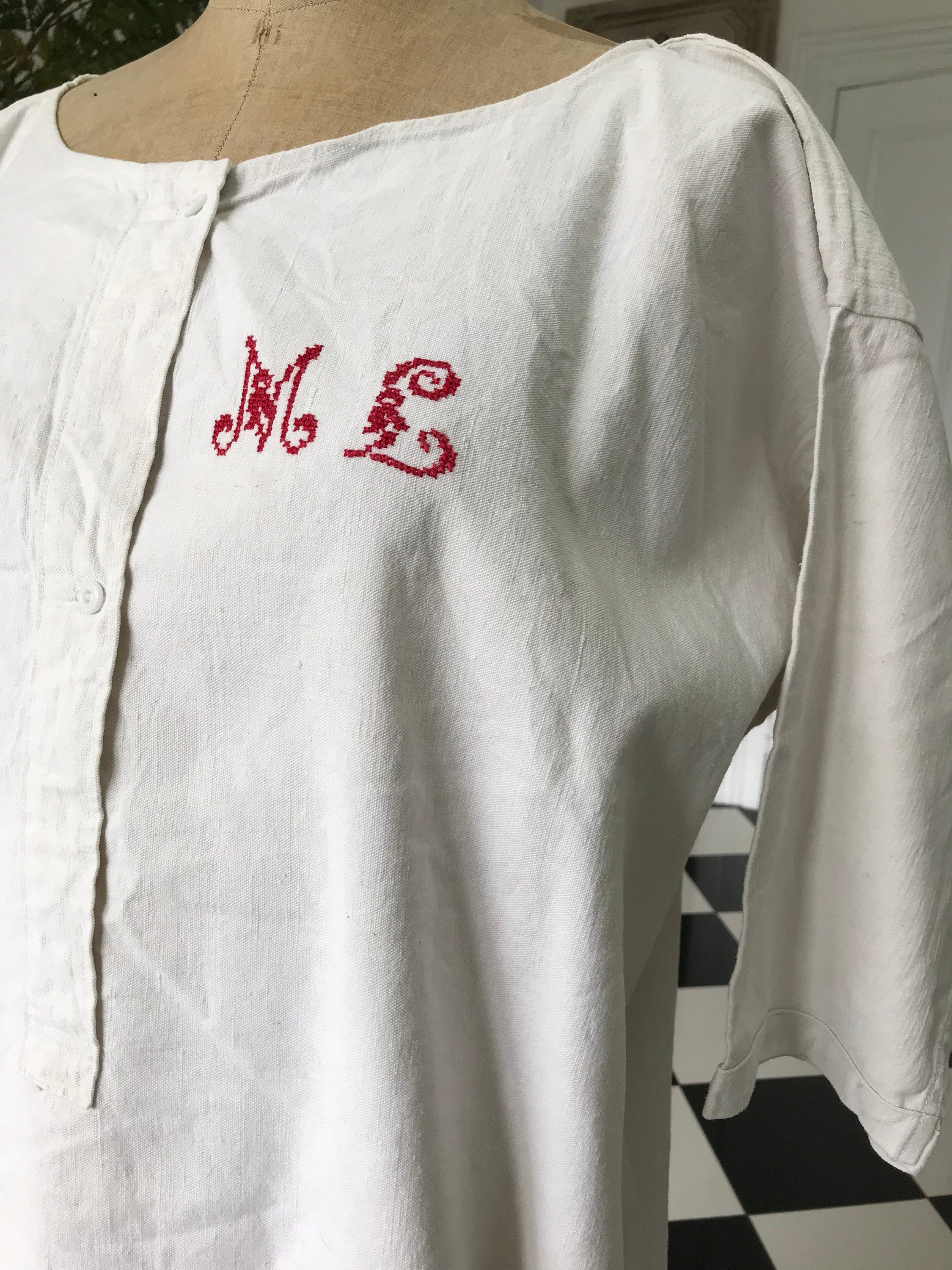 1800s antique French  hemp linen smock dress  monogram ML