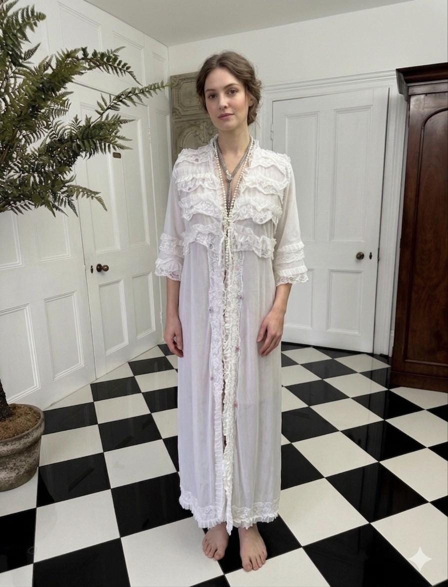Vintage 1970s White Peignoir with Lace Ruffle and Floral Details