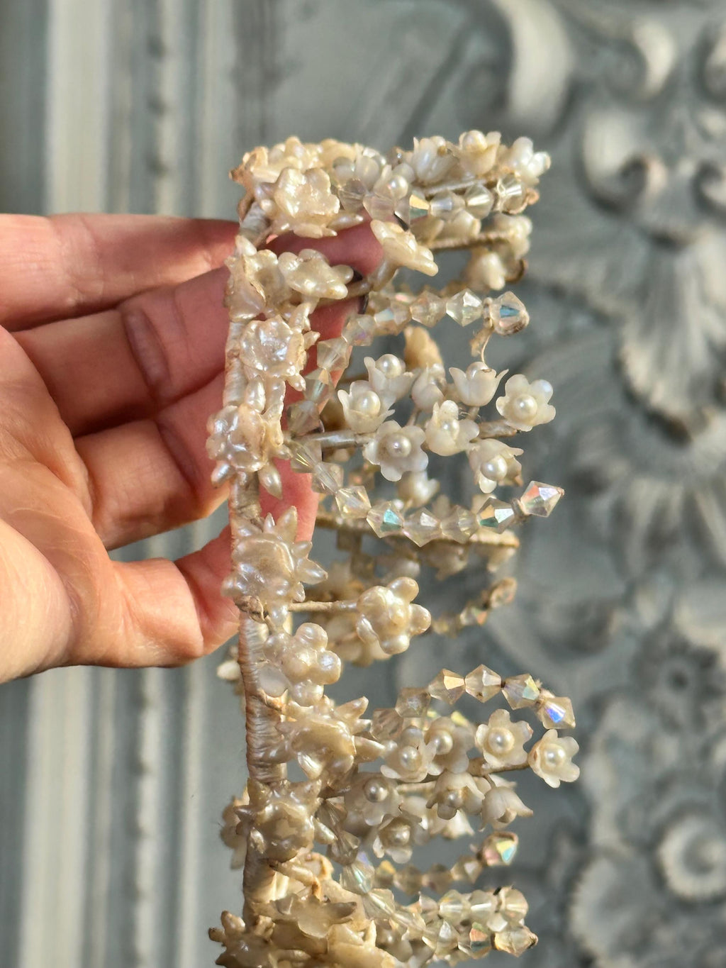 1910s 1920s Wax Elegant Handcrafted Pearl and Crystal wedding Tiara