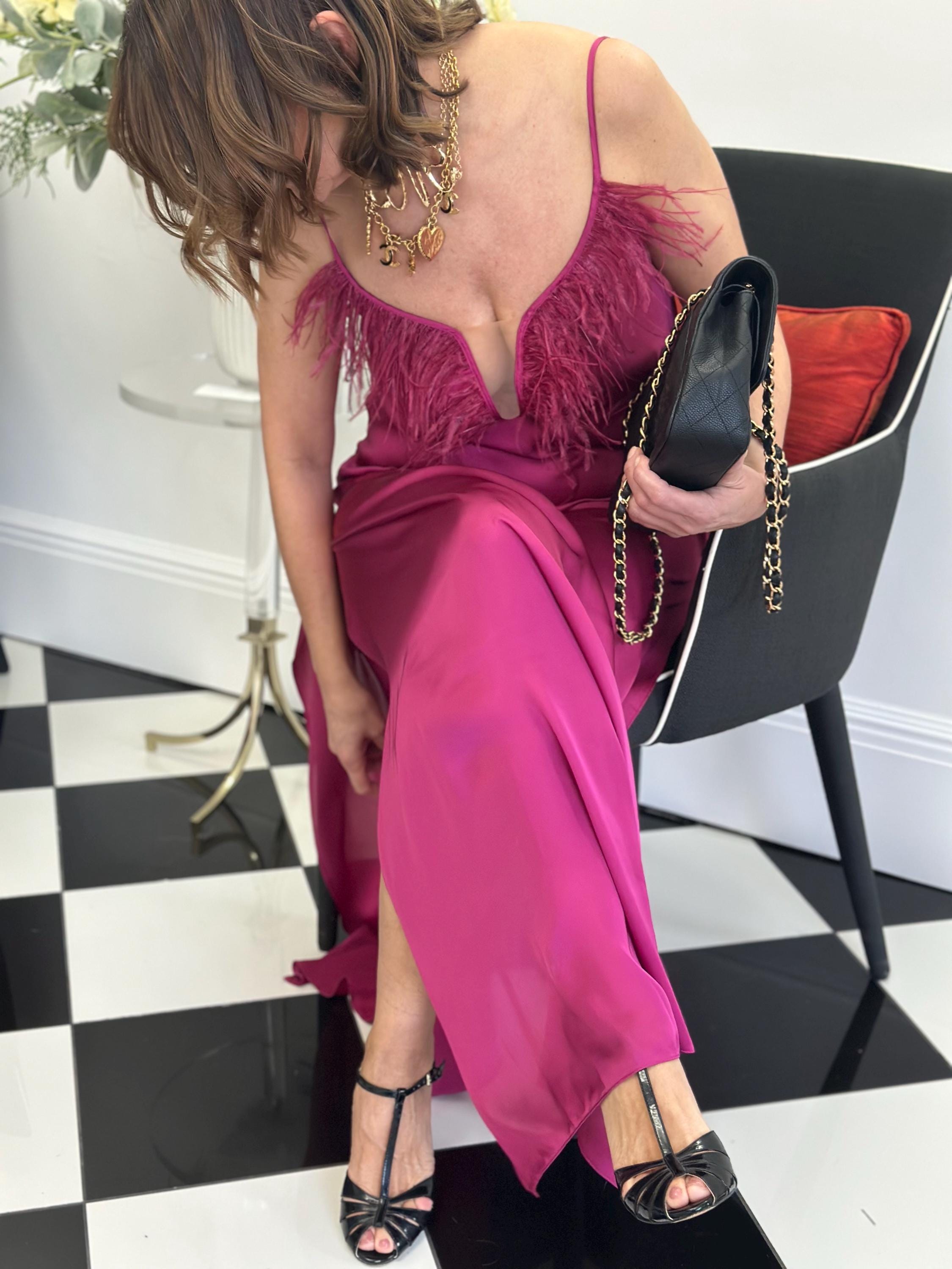 1930s style maxi magenta ostrich feather and satin gown dress