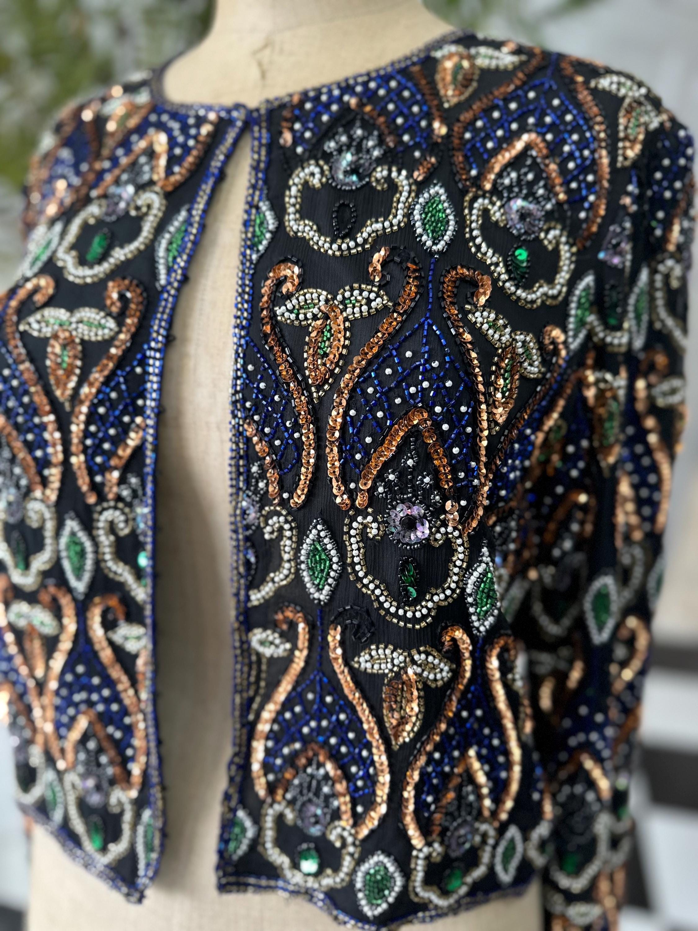1980 Silk jacket with blue bronze pearl sequin long sleeve