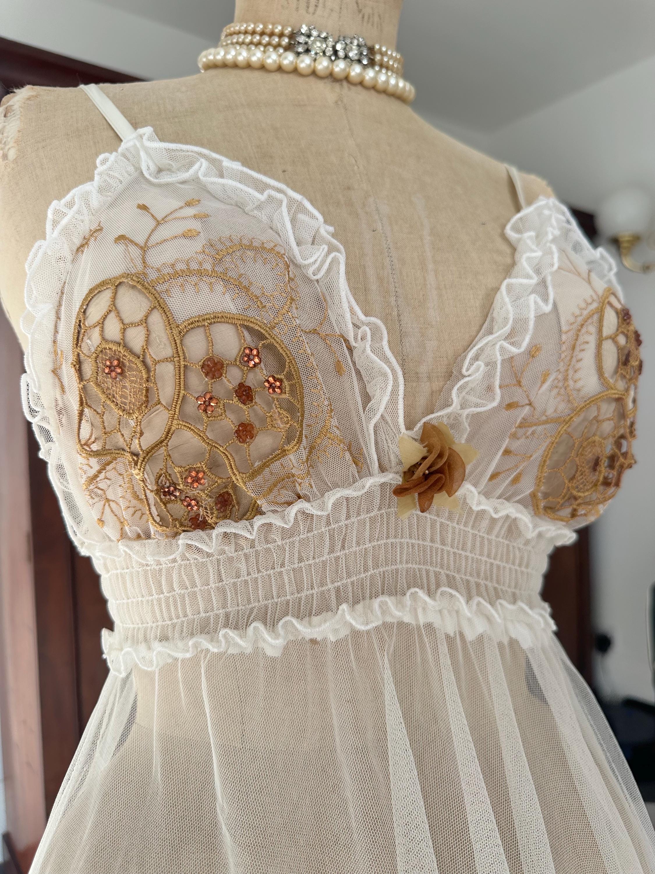 Vintage Ethereal Sheer Tulle Gown | Embroidered Gold Floral Bodice | Fairycore Maxi Slip