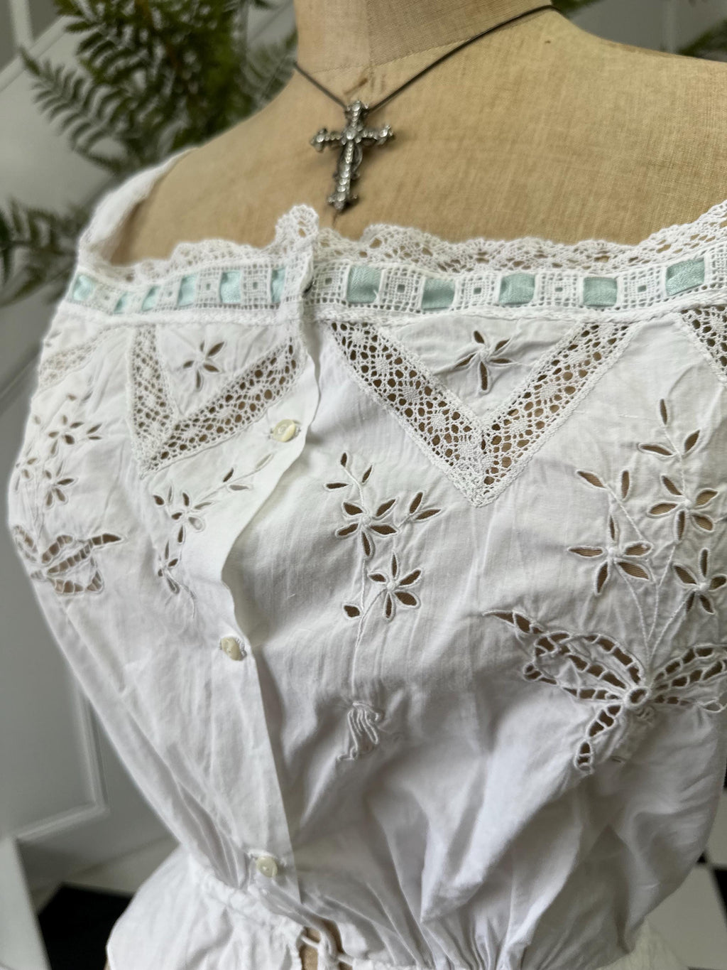 Elegant Victorian Edwardian Lace and Cotton Corset Cover monogram FM