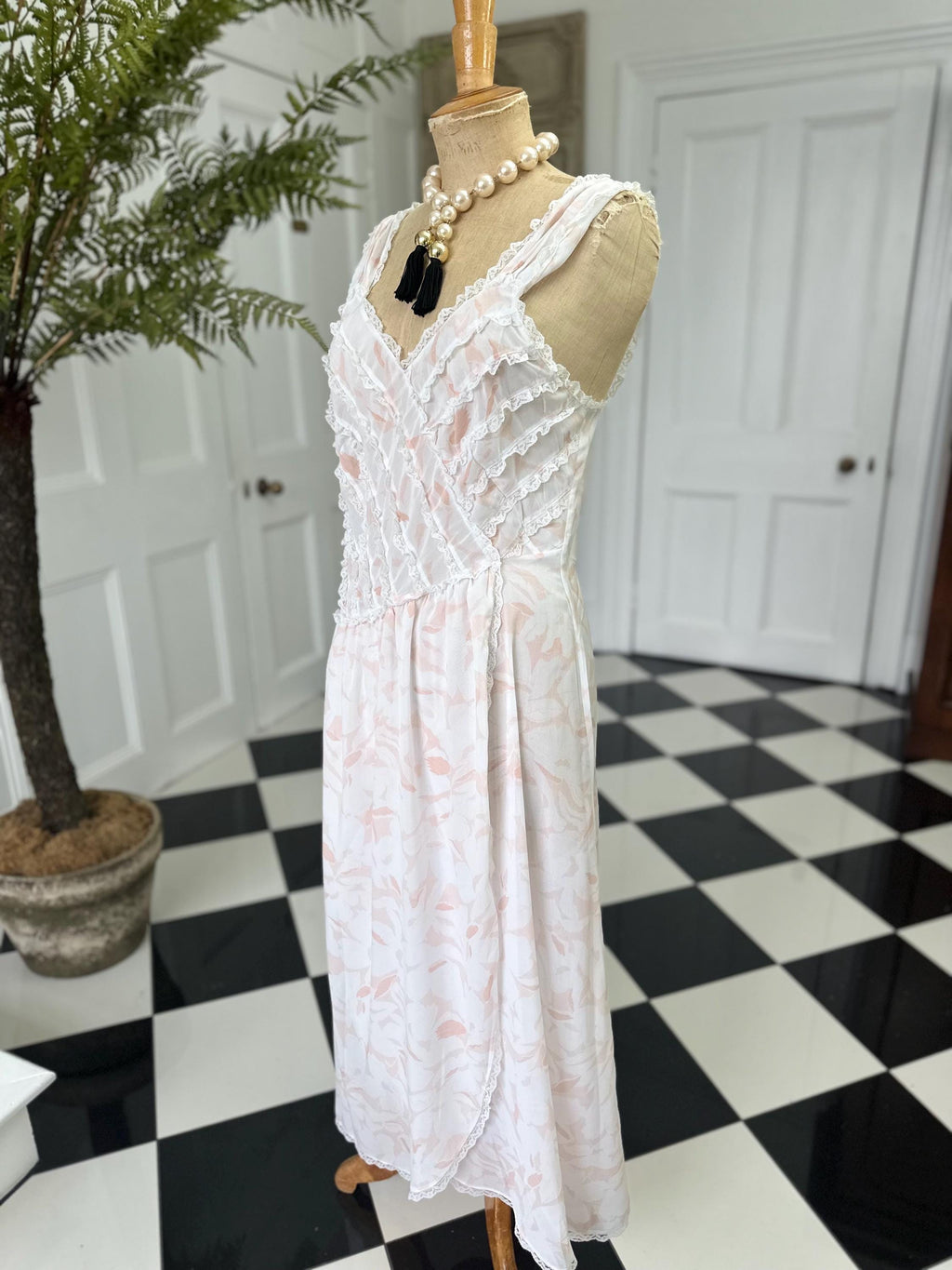 Vintage Chiffon Lightweight Slip Dress with Lace Ruffle Front – White and Peach Details