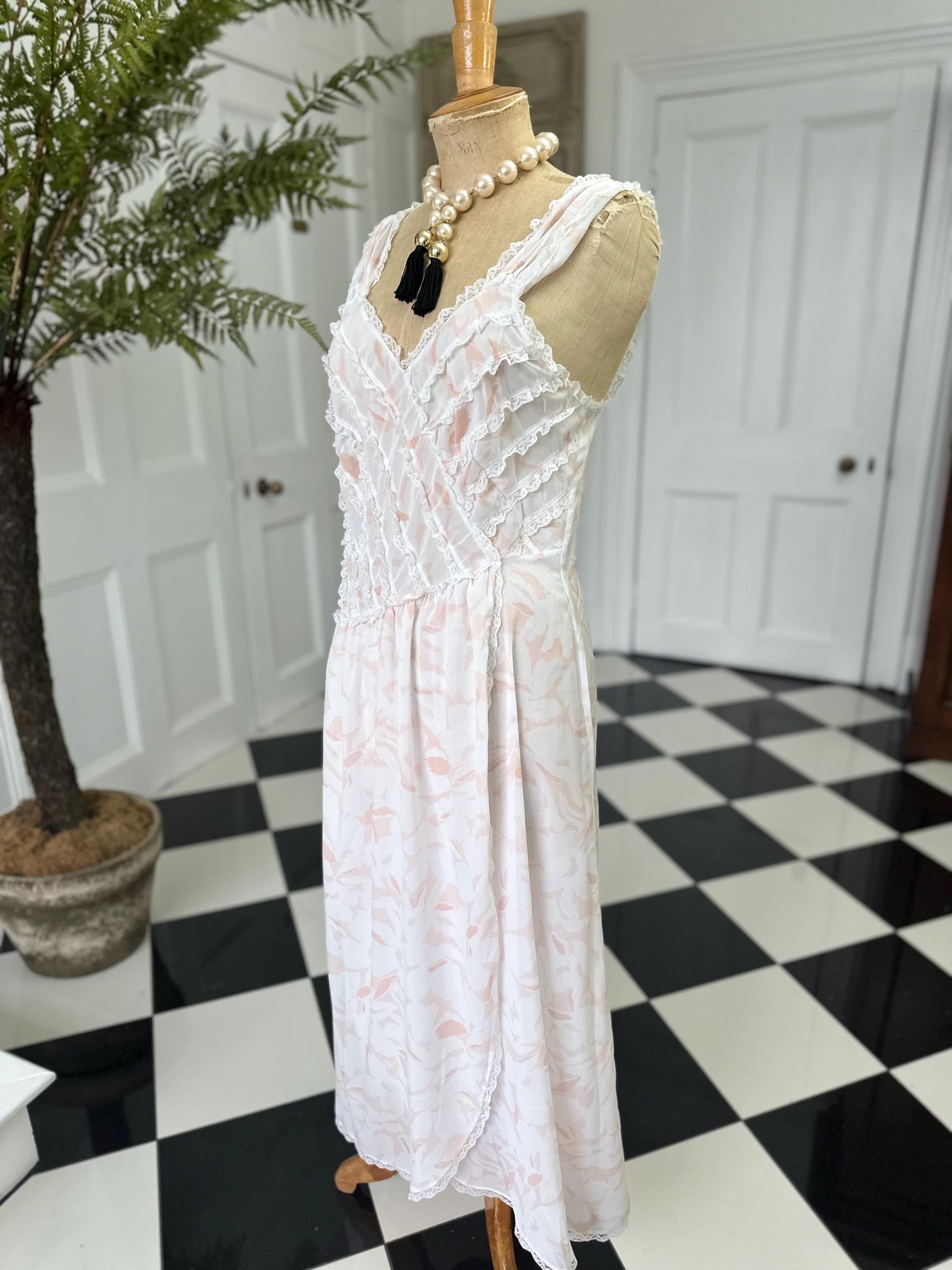 Vintage Chiffon Lightweight Slip Dress with Lace Ruffle Front – White and Peach Details