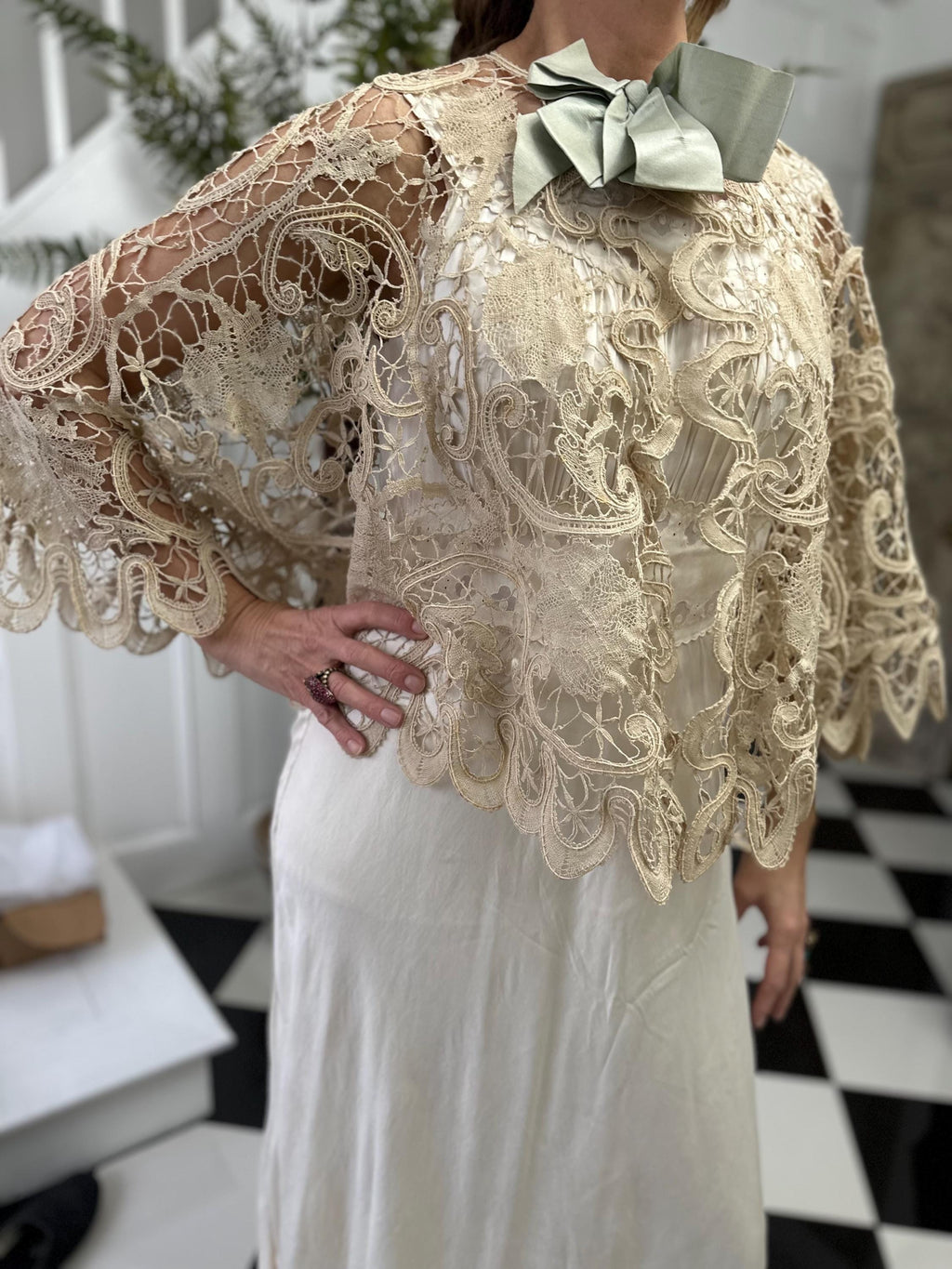 19th Century Cream Bobbin Lace Cape: Sage Green Silk Ribbon, Cotton