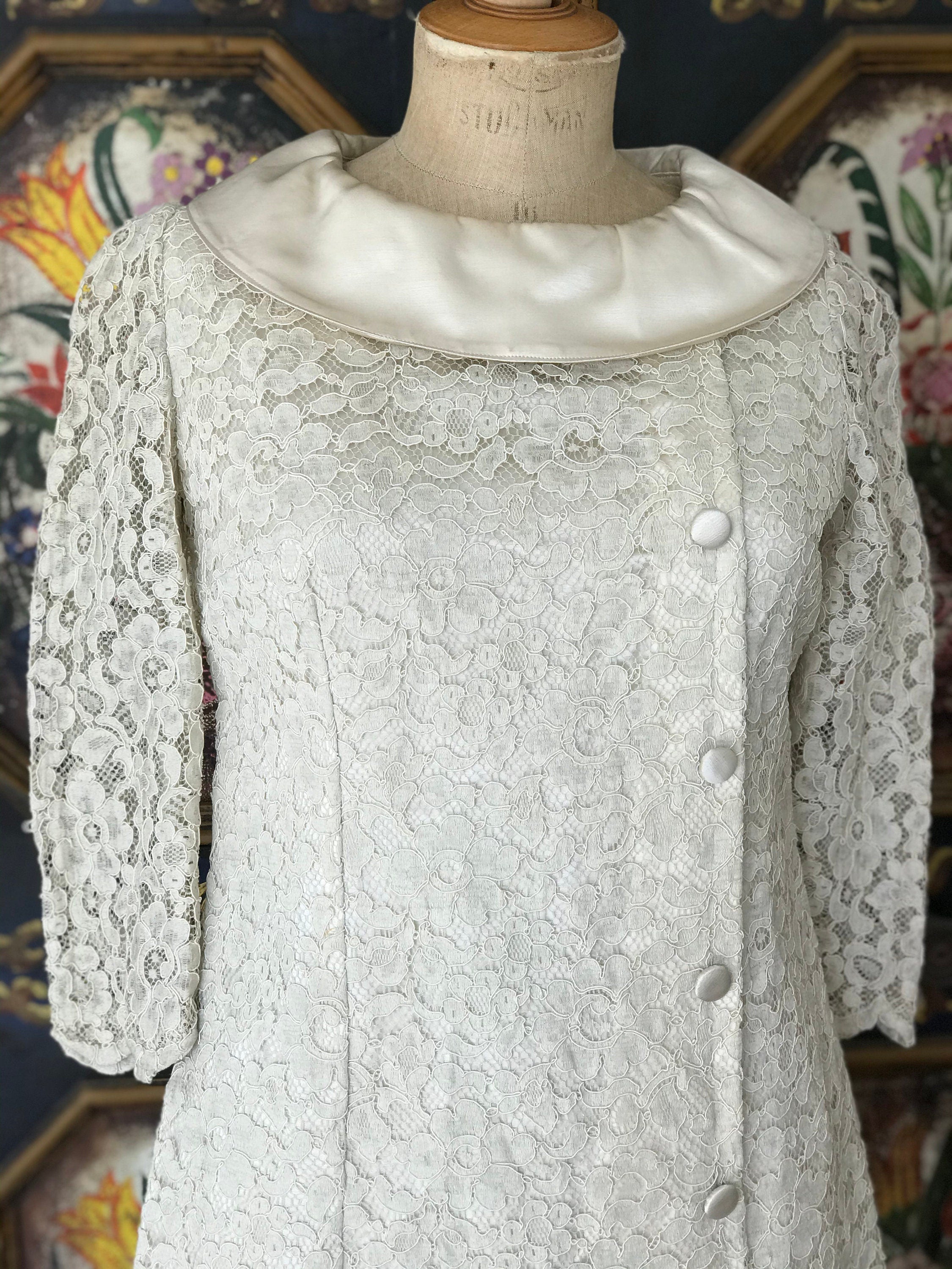 1960s silk satin and corded lace wedding dress  cocktail  dress