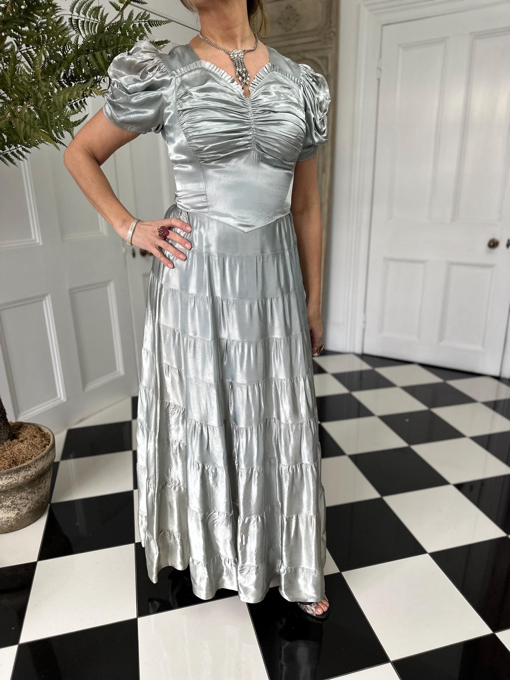 1930s long satin grey evening gown dress