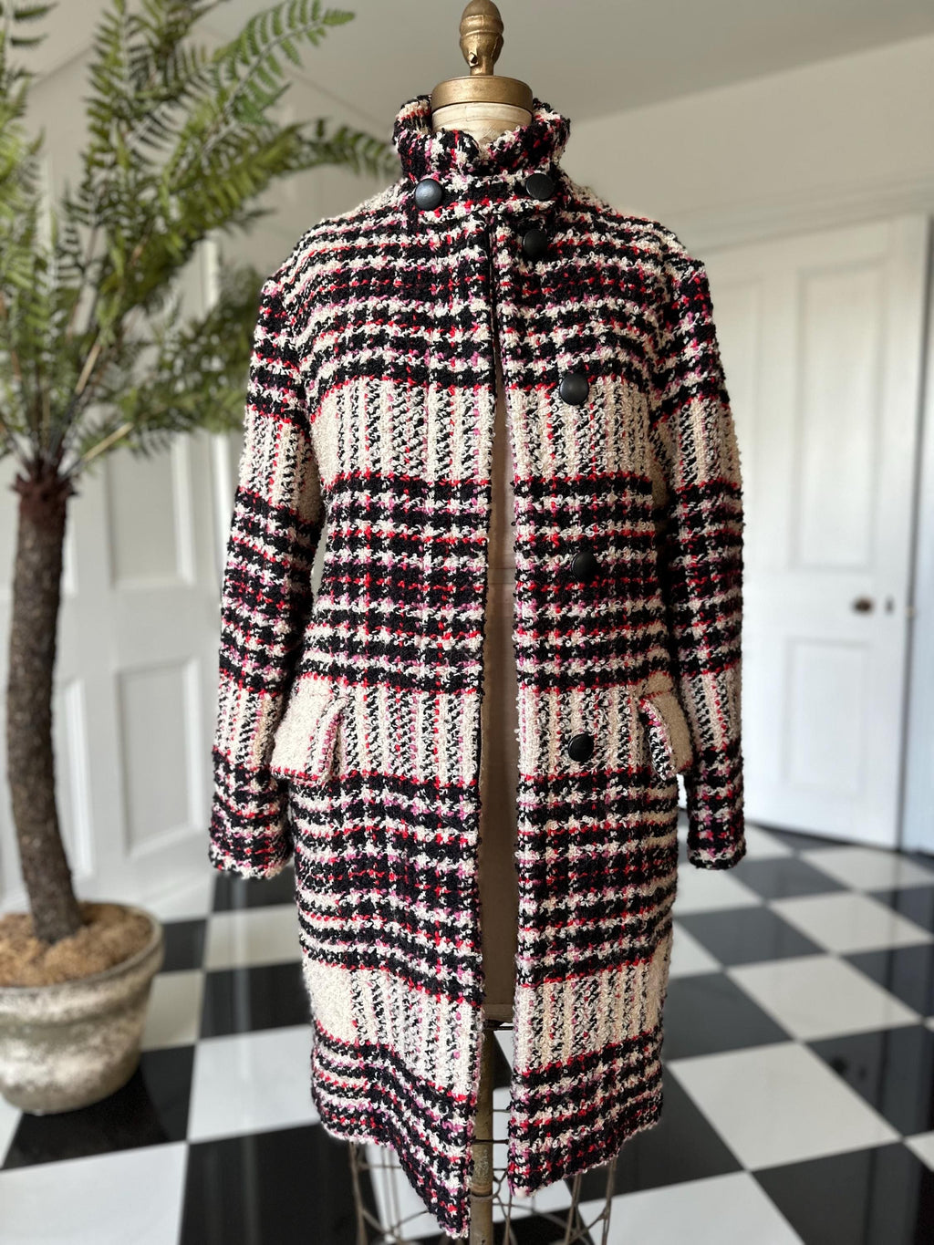 Designer Marni tweed coat on white black pink U.K. 12