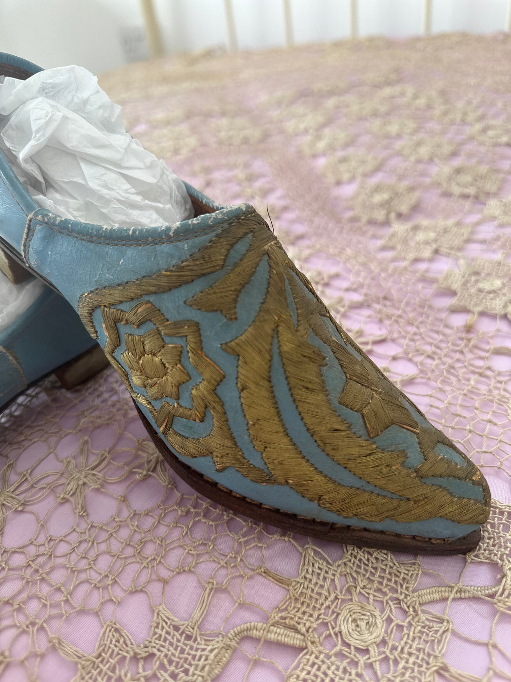 Antique Ottoman 19th century leather shoes with gold embroidery