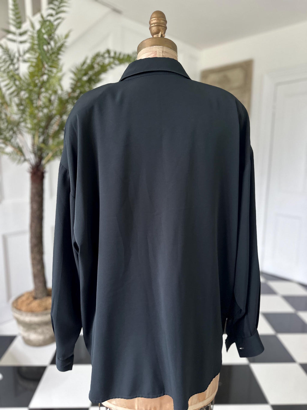 Vintage 1980s Black Long Sleeve Blouse with Embroidered Collar