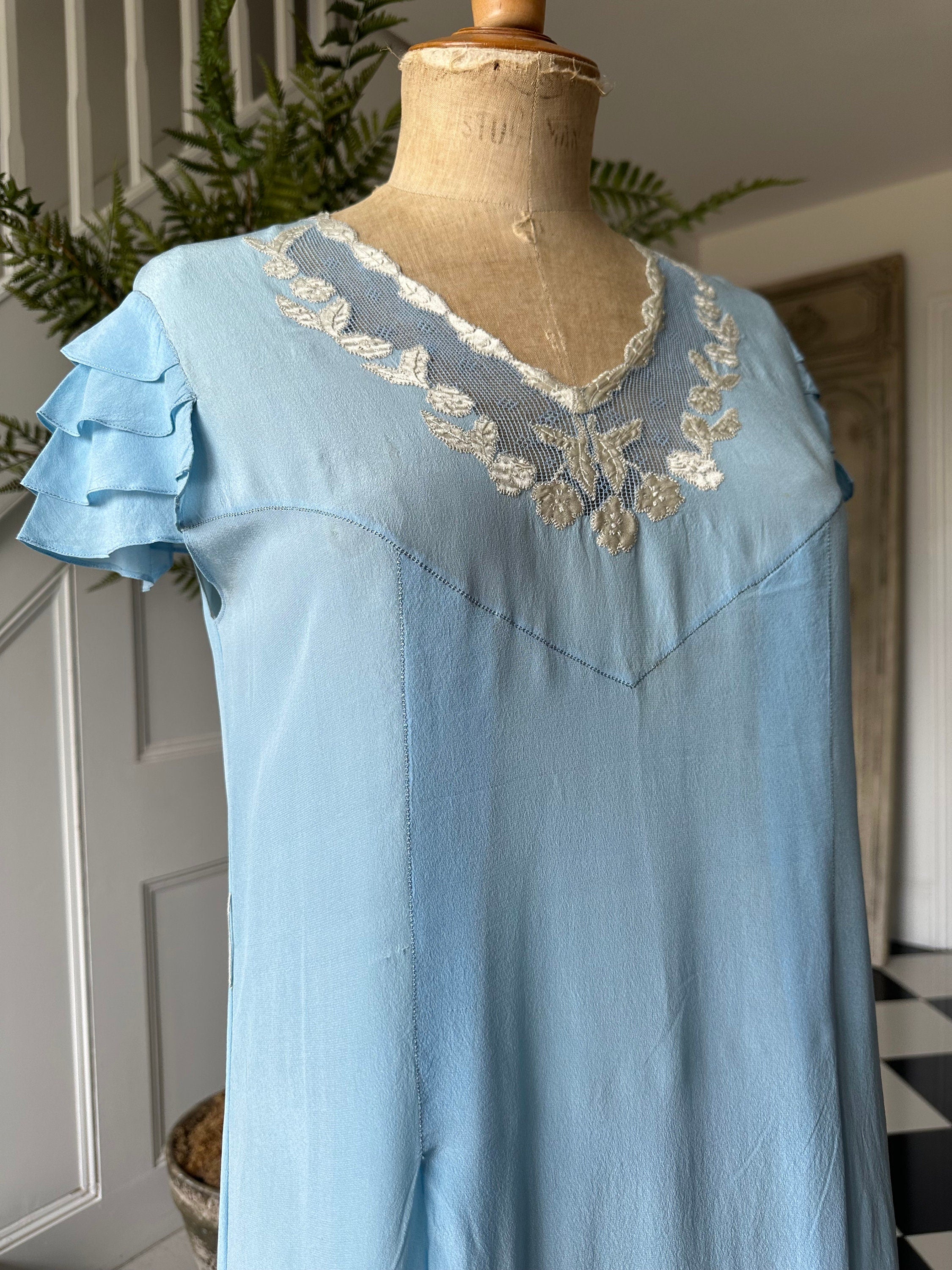 1940s pale blue silk long slip dress