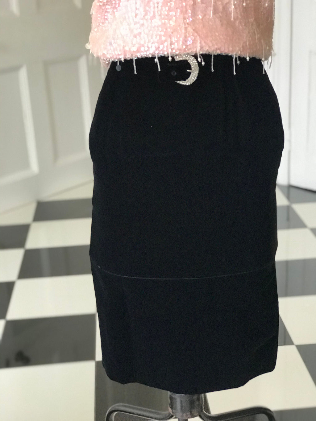 1960s Designer black velvet with crystal belt   Elizabeth Arden Andre Laug for Audrey