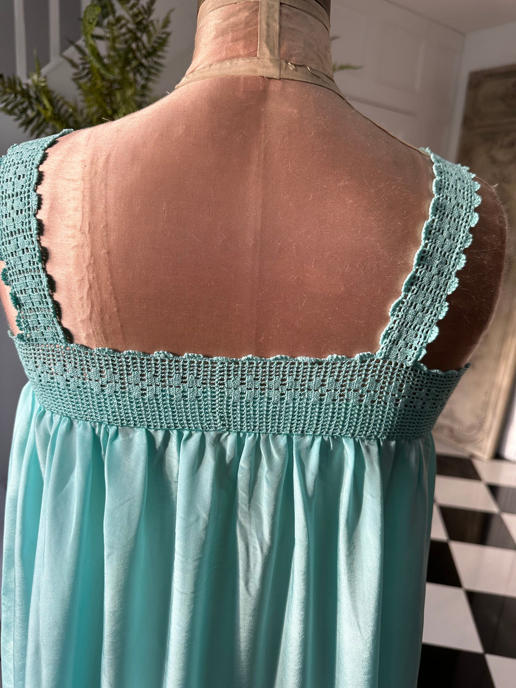 Vintage 1970s loose silky long slip dress hand crochet lace details
