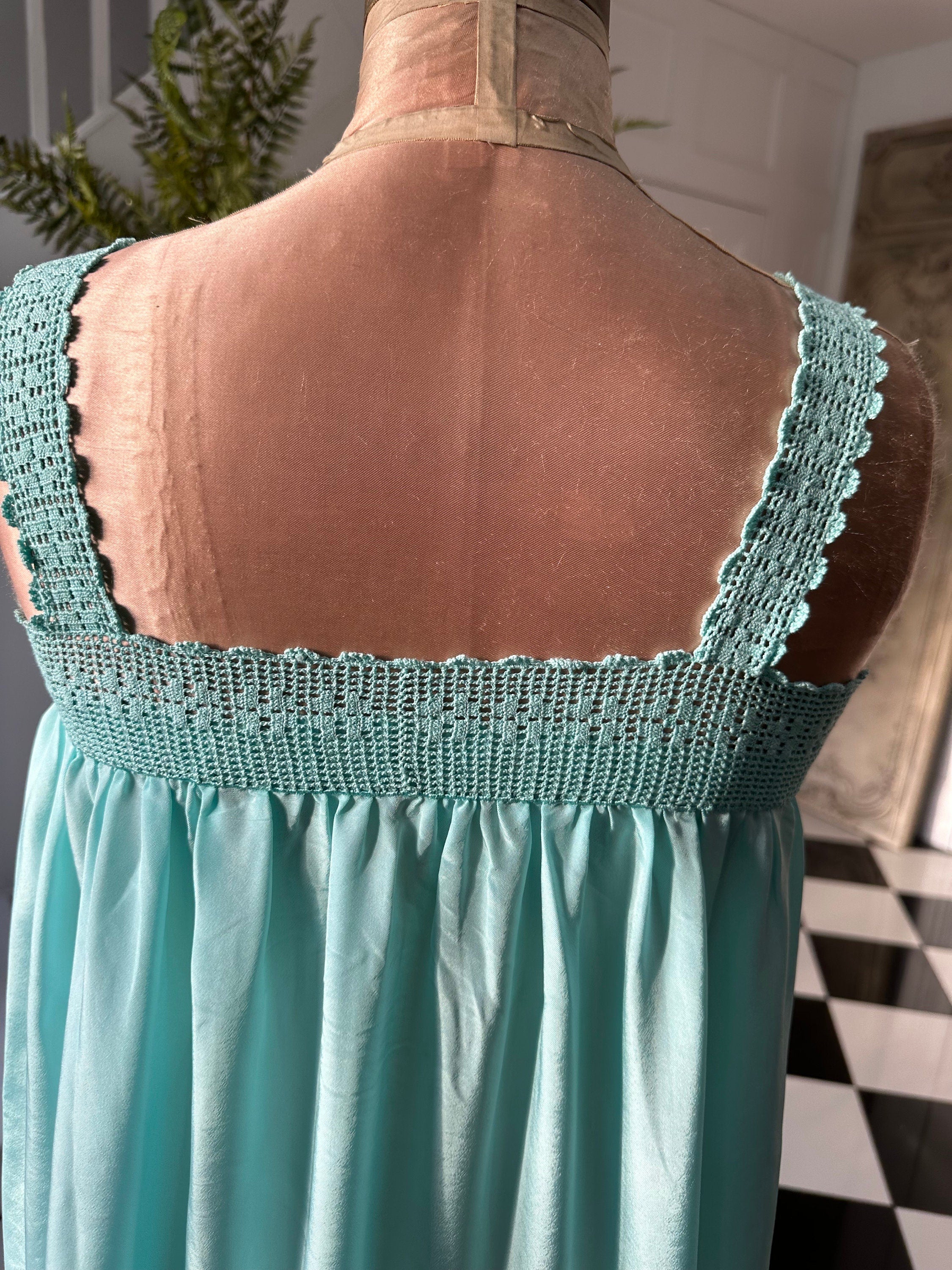 Vintage 1970s loose silky long slip dress hand crochet lace details
