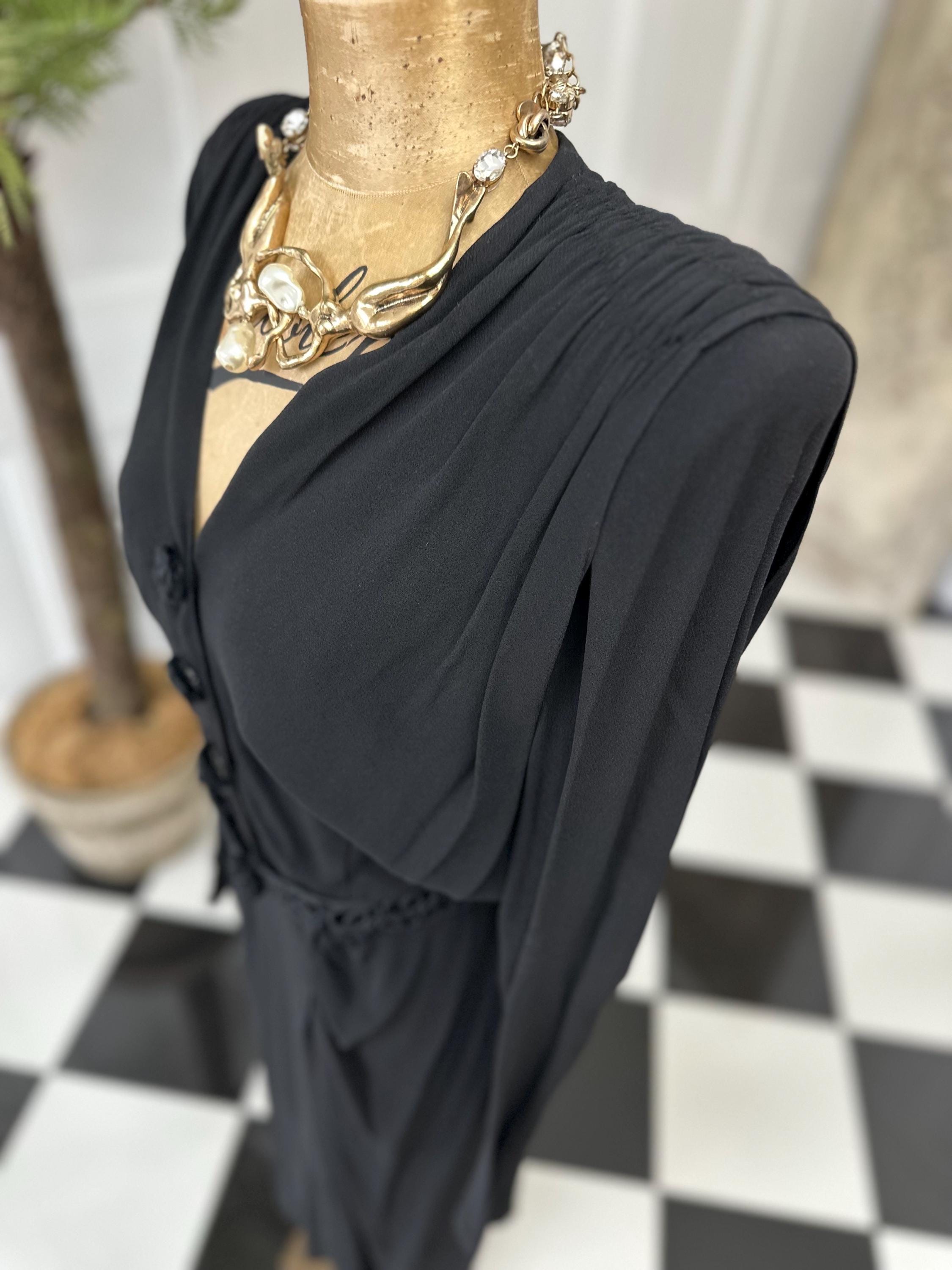 Chic 1940s Black Georgette Dress Embroidered Buttons and Matching Belt set