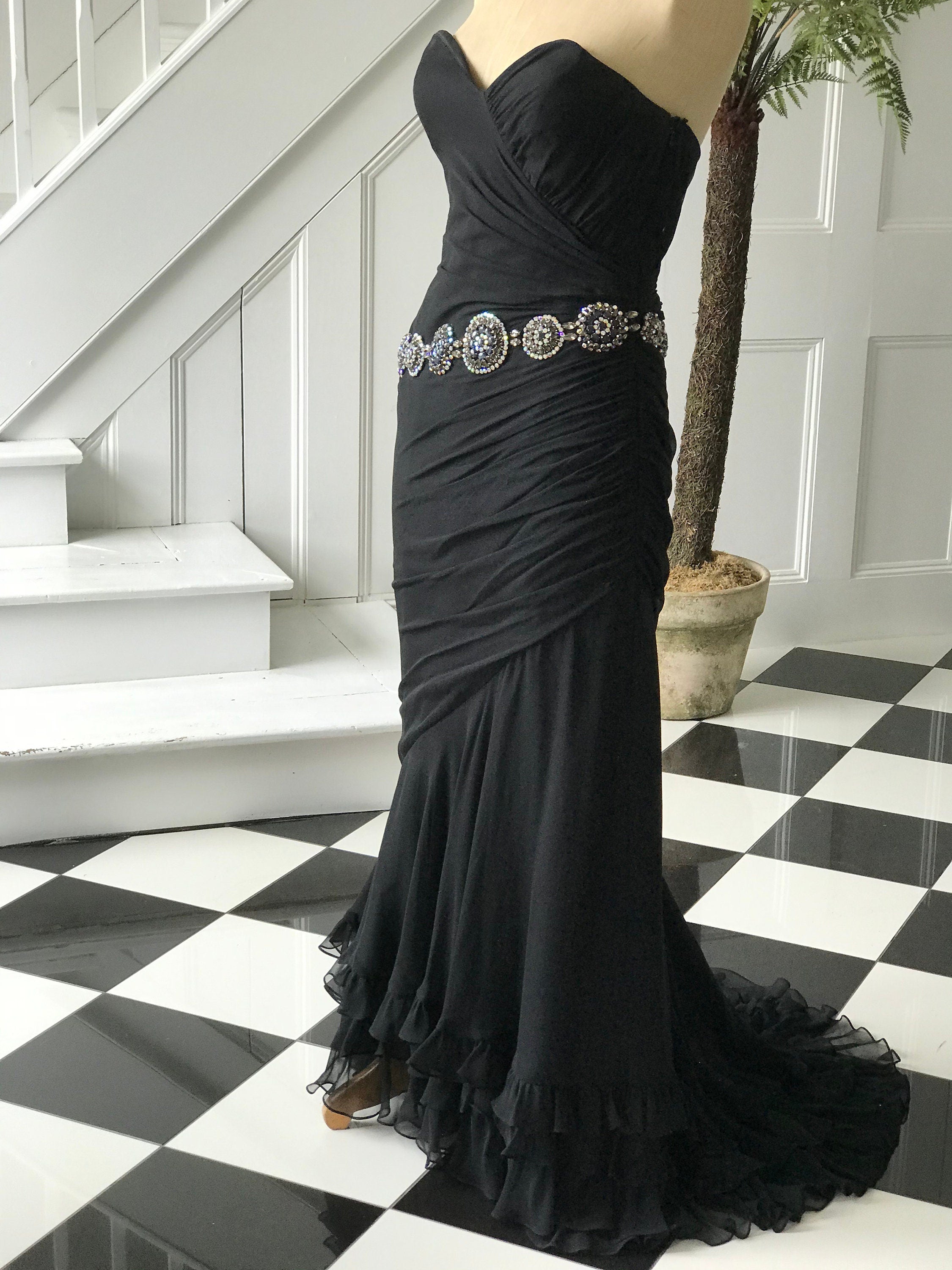 Vintage 1980s long black silk crepe mermaid style  party dress with embellishment and ruffles