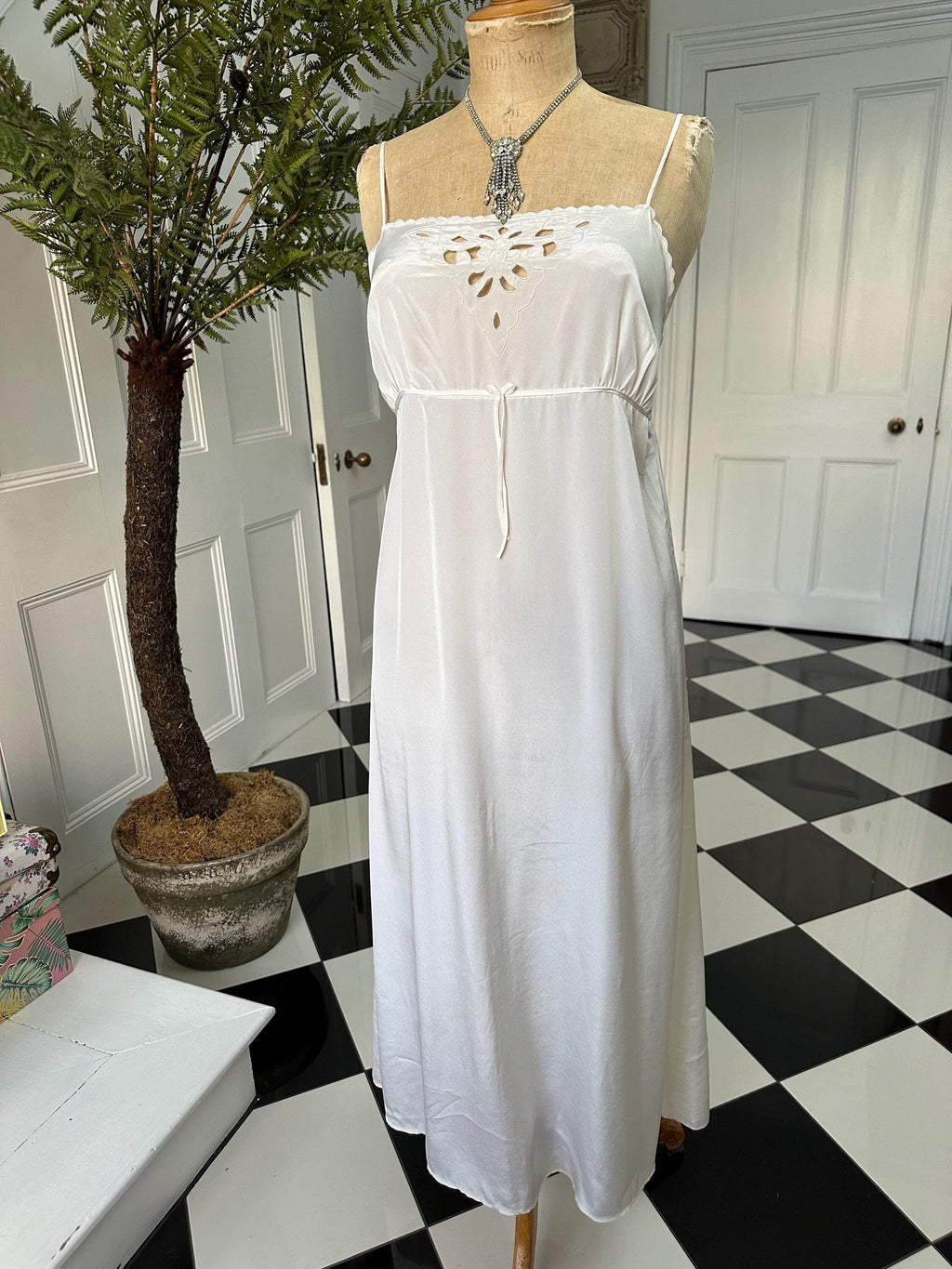 1970 long sexy slip dress with cutout lace details in off white