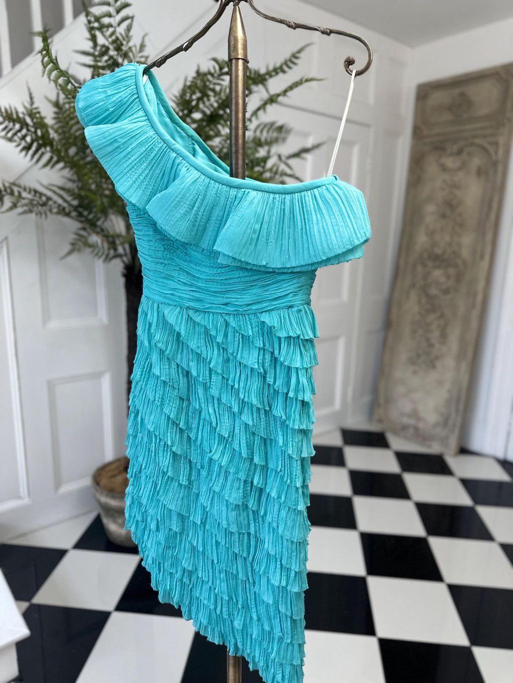 Sexy one sleeve off the shoulder ruched turquoise Cocktail dress by Pronovias