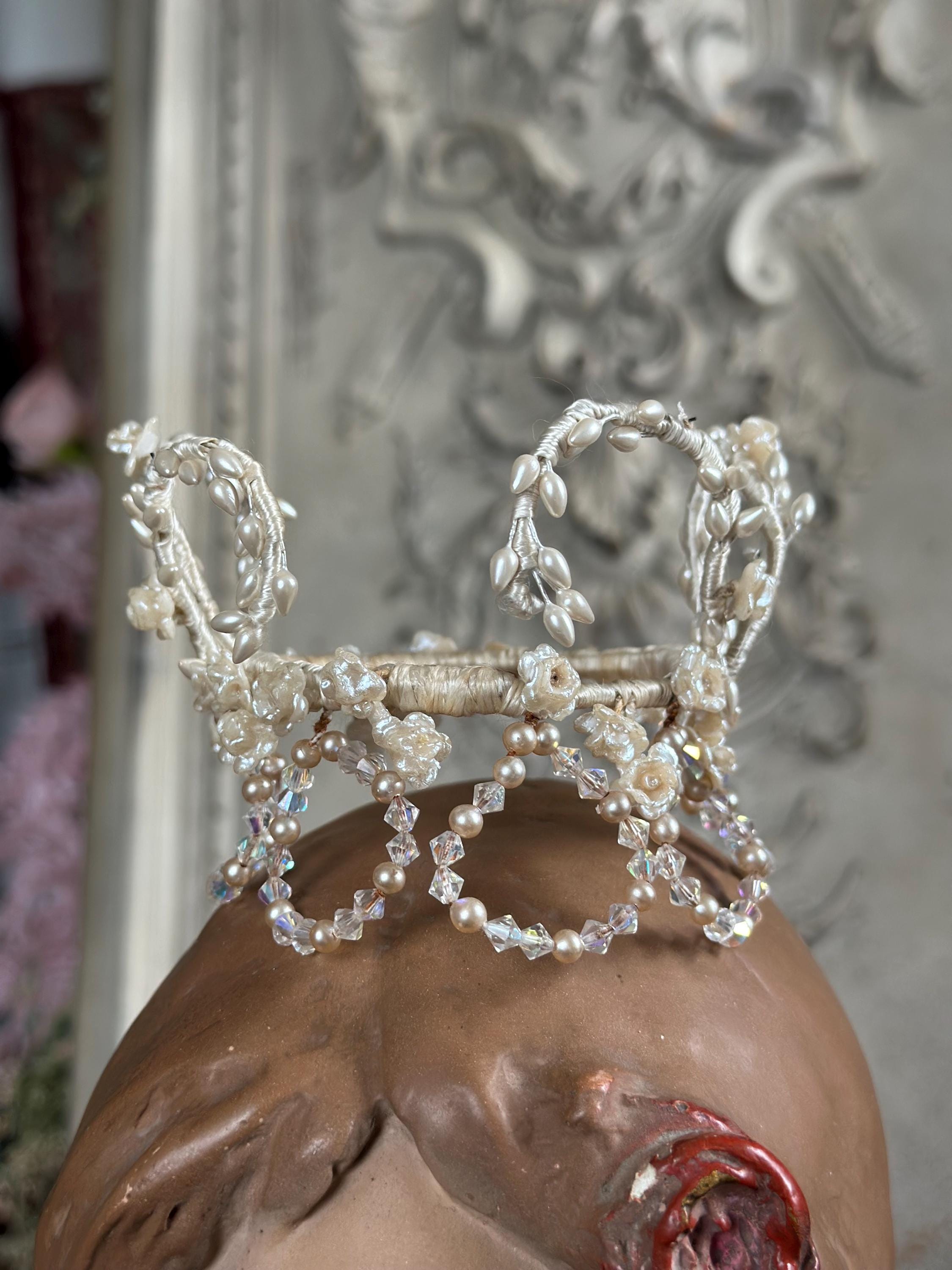Charming Floral Wax Tiara with Crystal Accents 1930s 40s