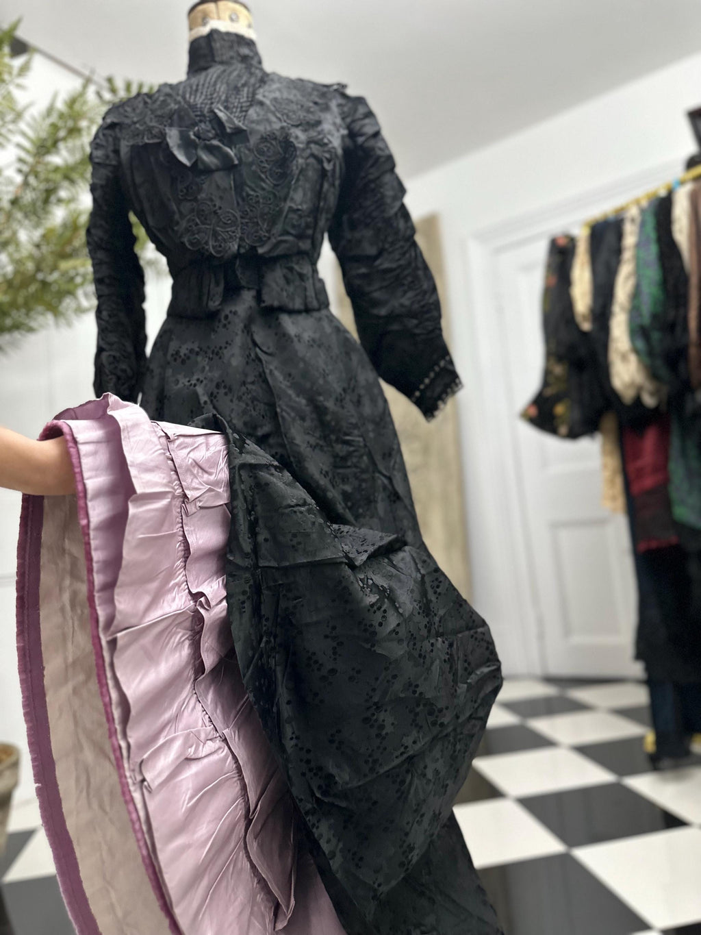 Victorian Black Silk Bodice and Skirt Set: Tape Lace Detail