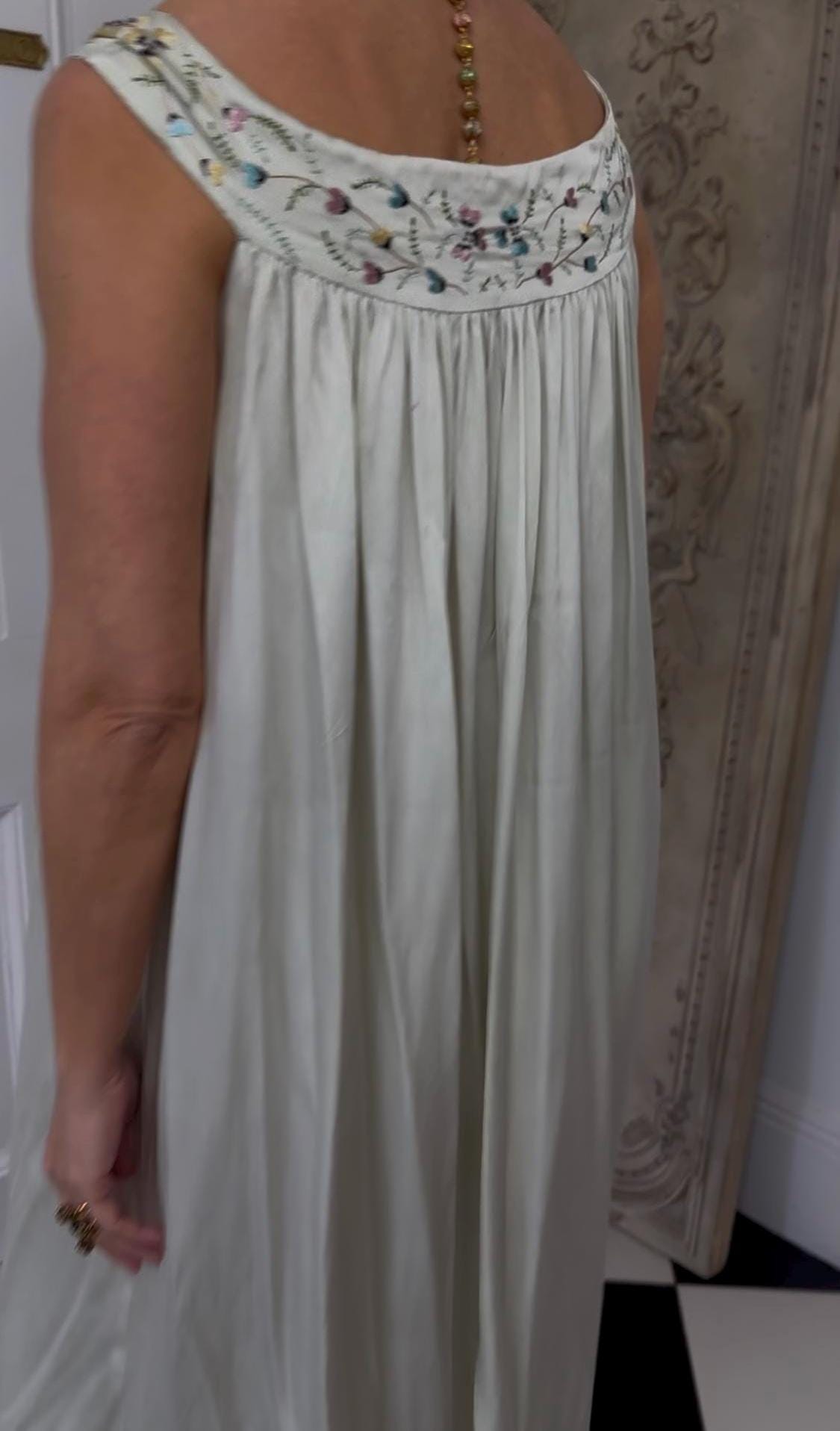 Vintage 1940s Grey Silk Slip Dress with Hand-Embroidered Details