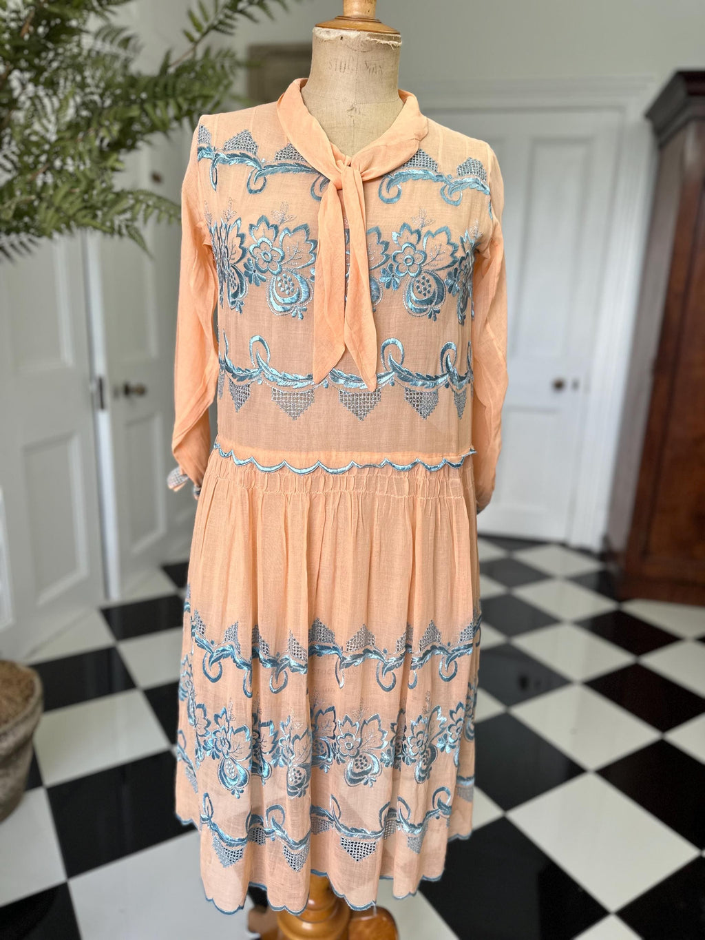 1920s day dress in Peach muslin with silk floss embroidery