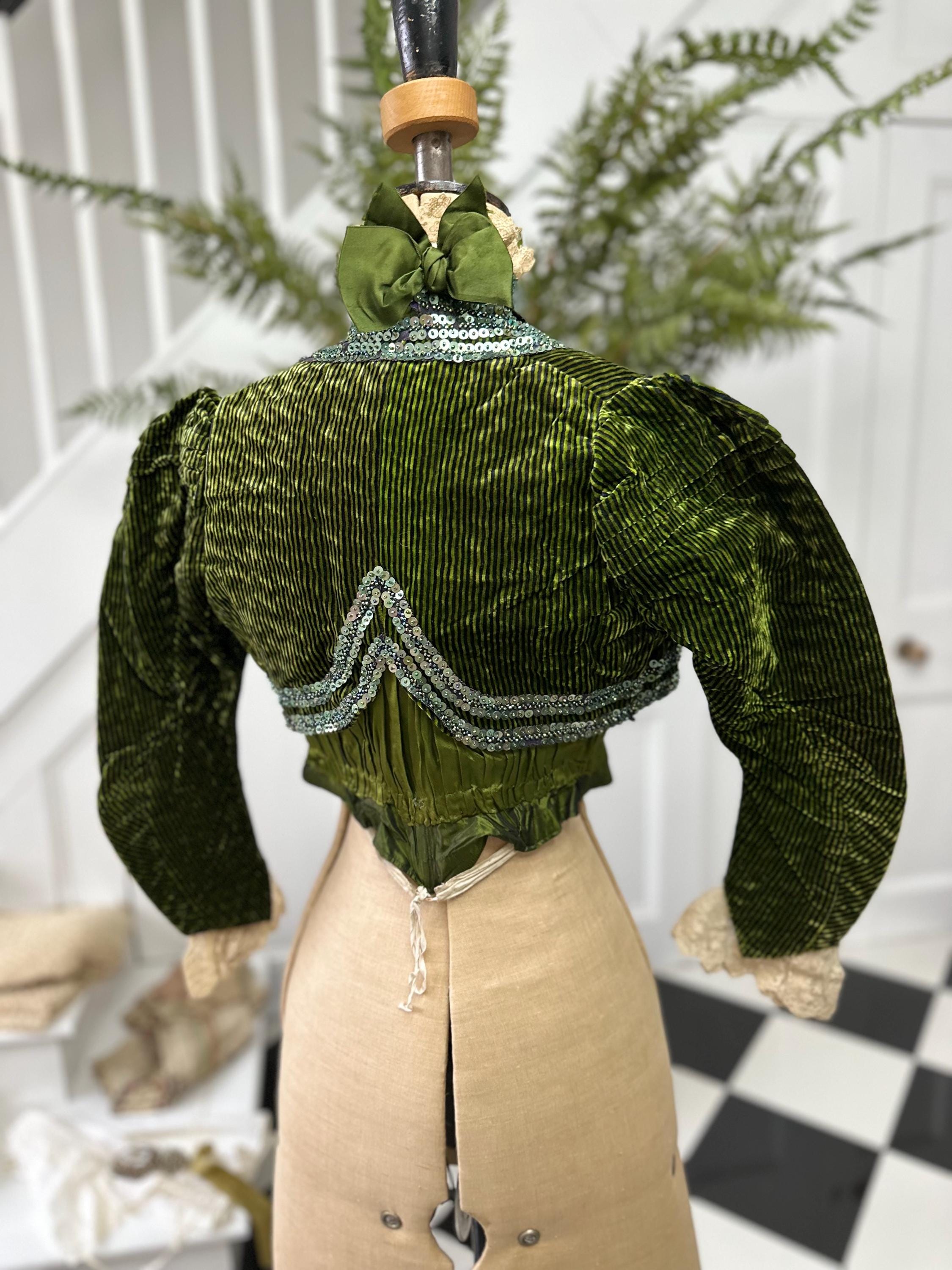 Antique Green Silk Velvet Bodice - 1890s Lace High Collar