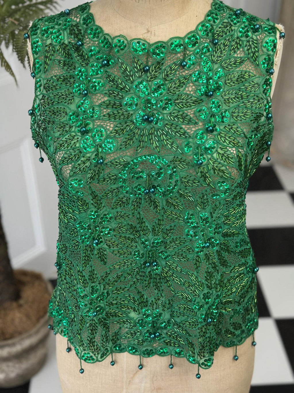 1960s Emerald green chiffon beaded blouse