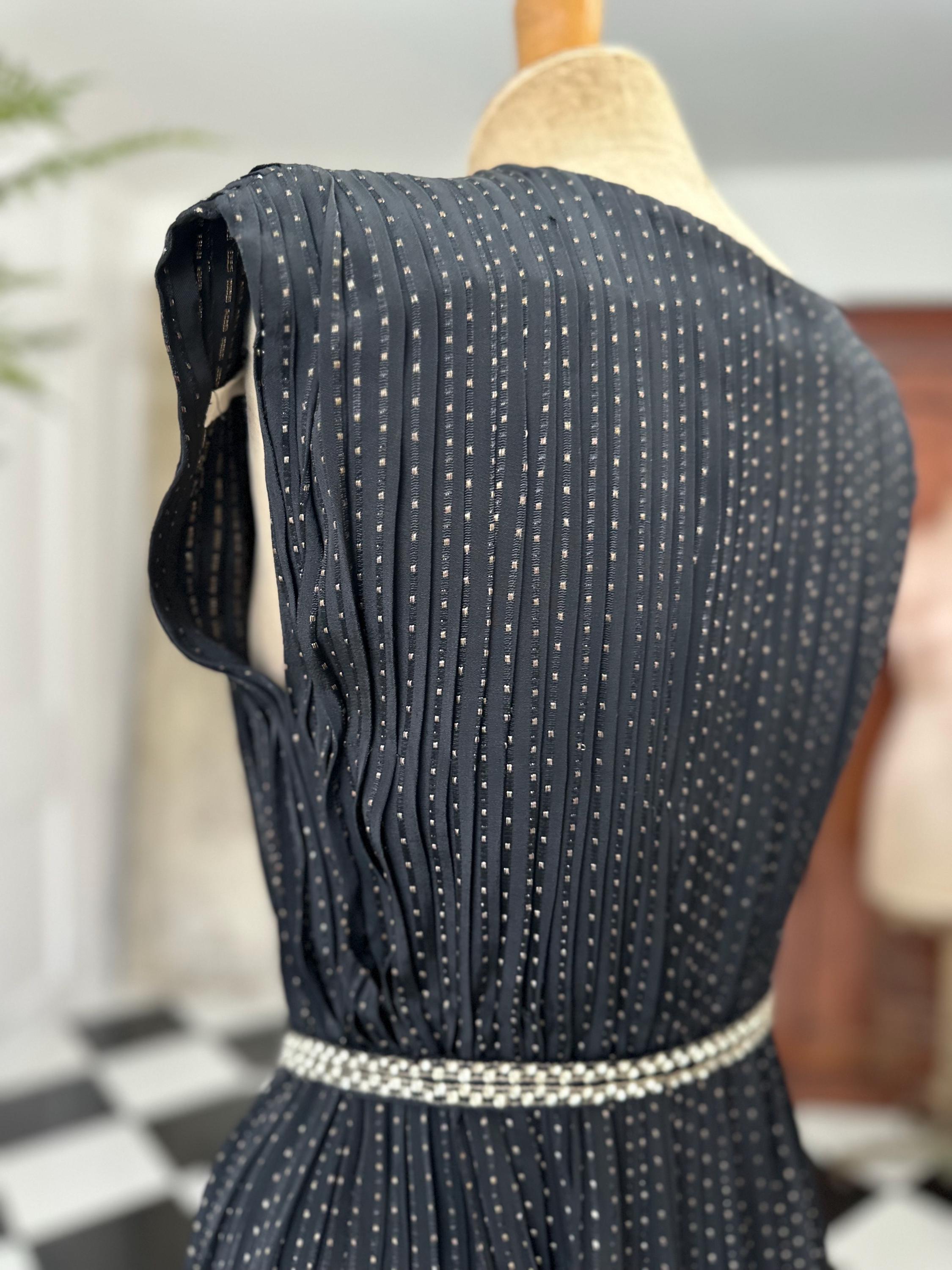 1940s Black with gold thread accordion pleat dress
