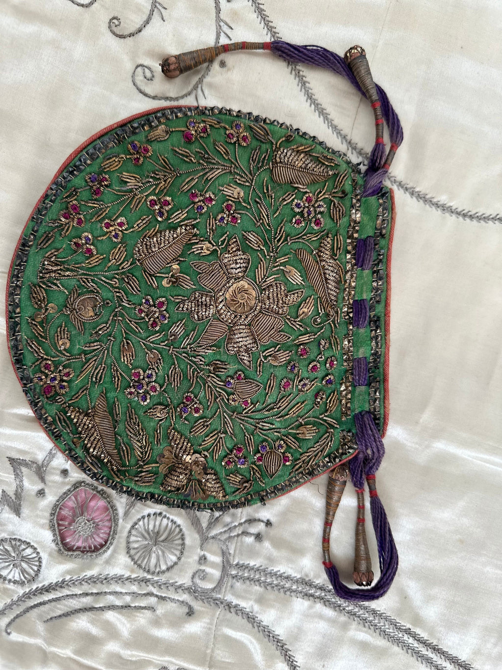 Antique Zardozi Purse: 19th Century Emerald Green Satin Coin Purse