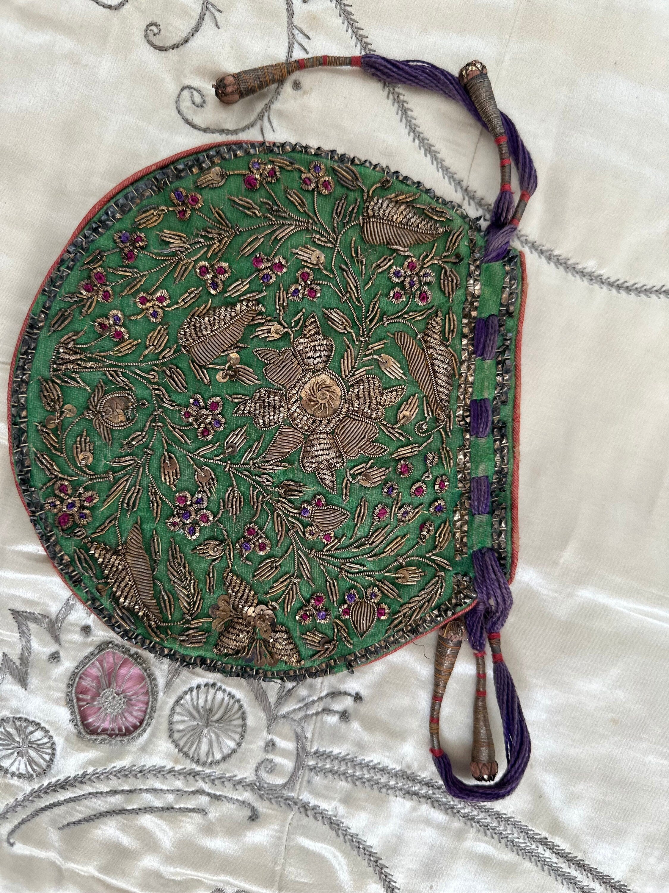 Antique Zardozi Purse: 19th Century Emerald Green Satin Coin Purse