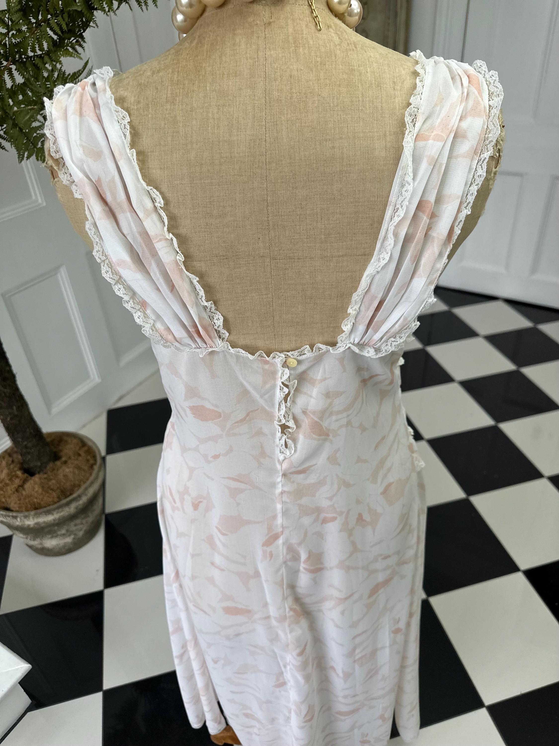 Vintage Chiffon Lightweight Slip Dress with Lace Ruffle Front – White and Peach Details