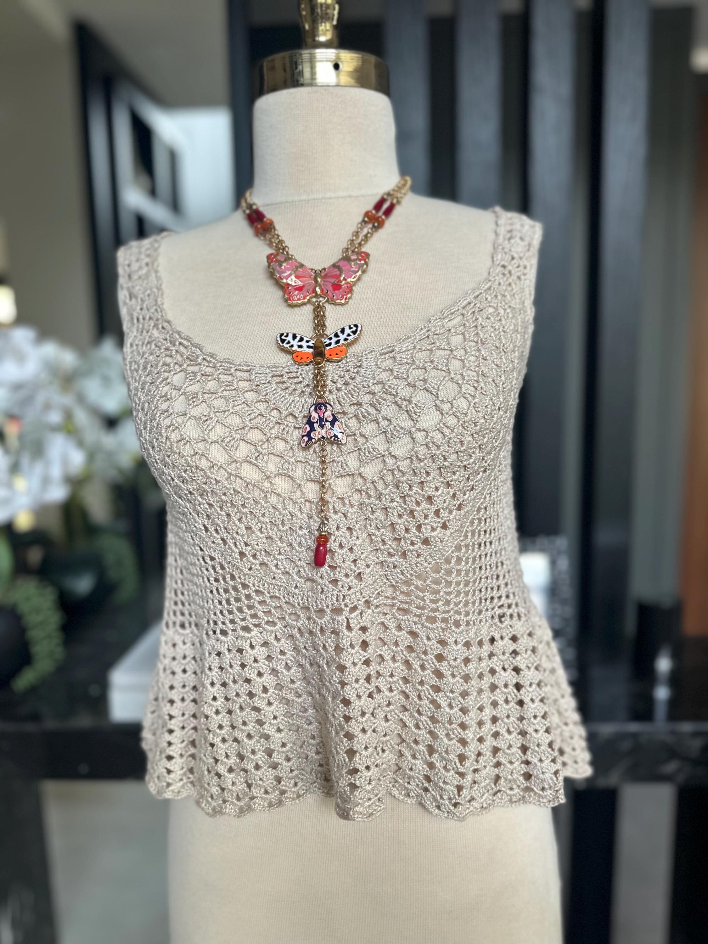 Hand Crocheted Beige Tank Top – Boho Lace Knit Sleeveless Peplum Shirt