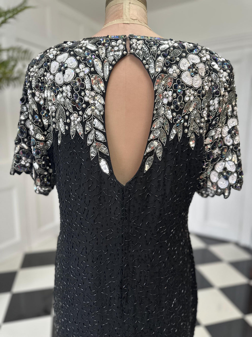 1980s black and silver beaded black tie party dress