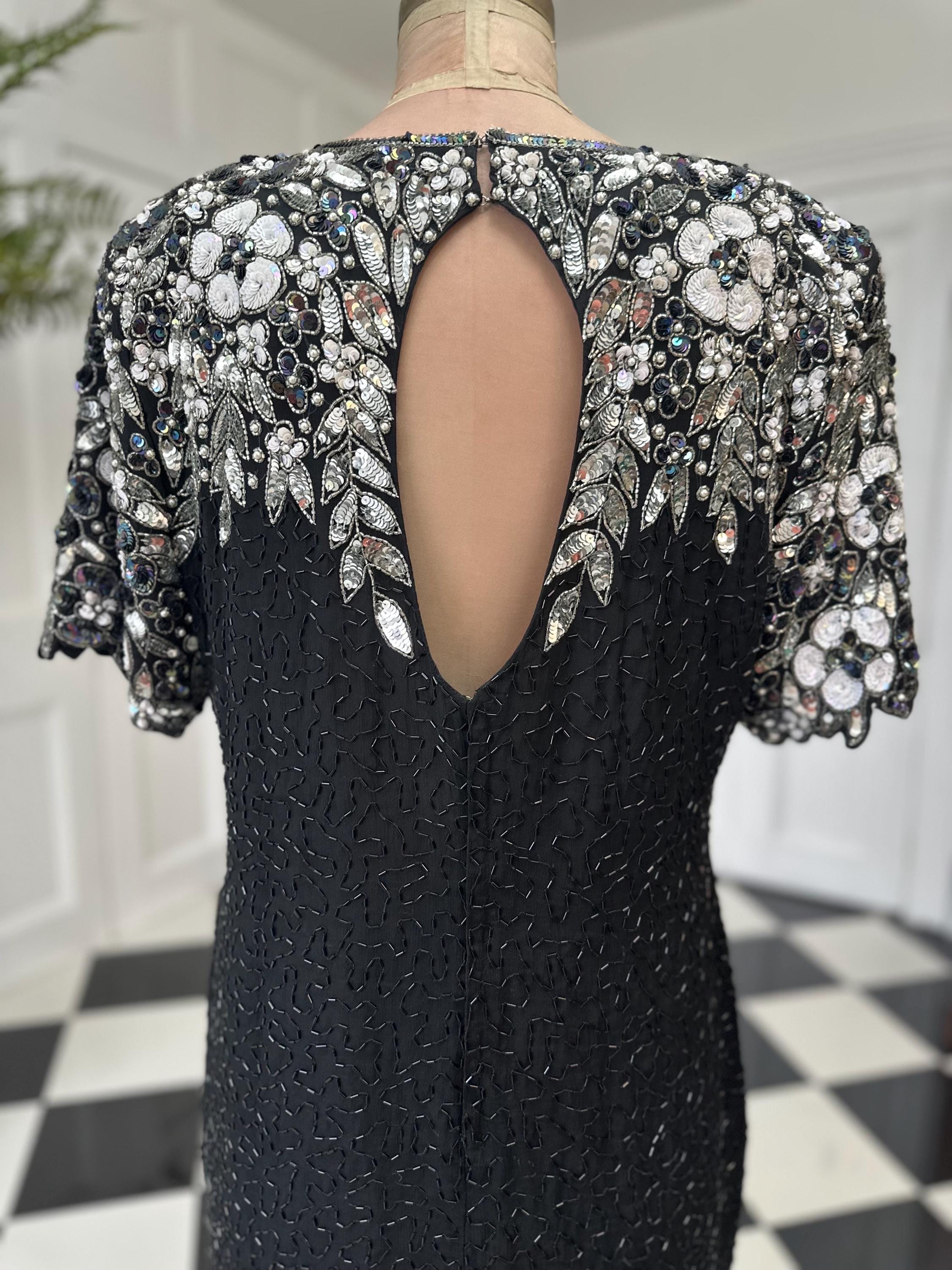 1980s black and silver beaded black tie party dress