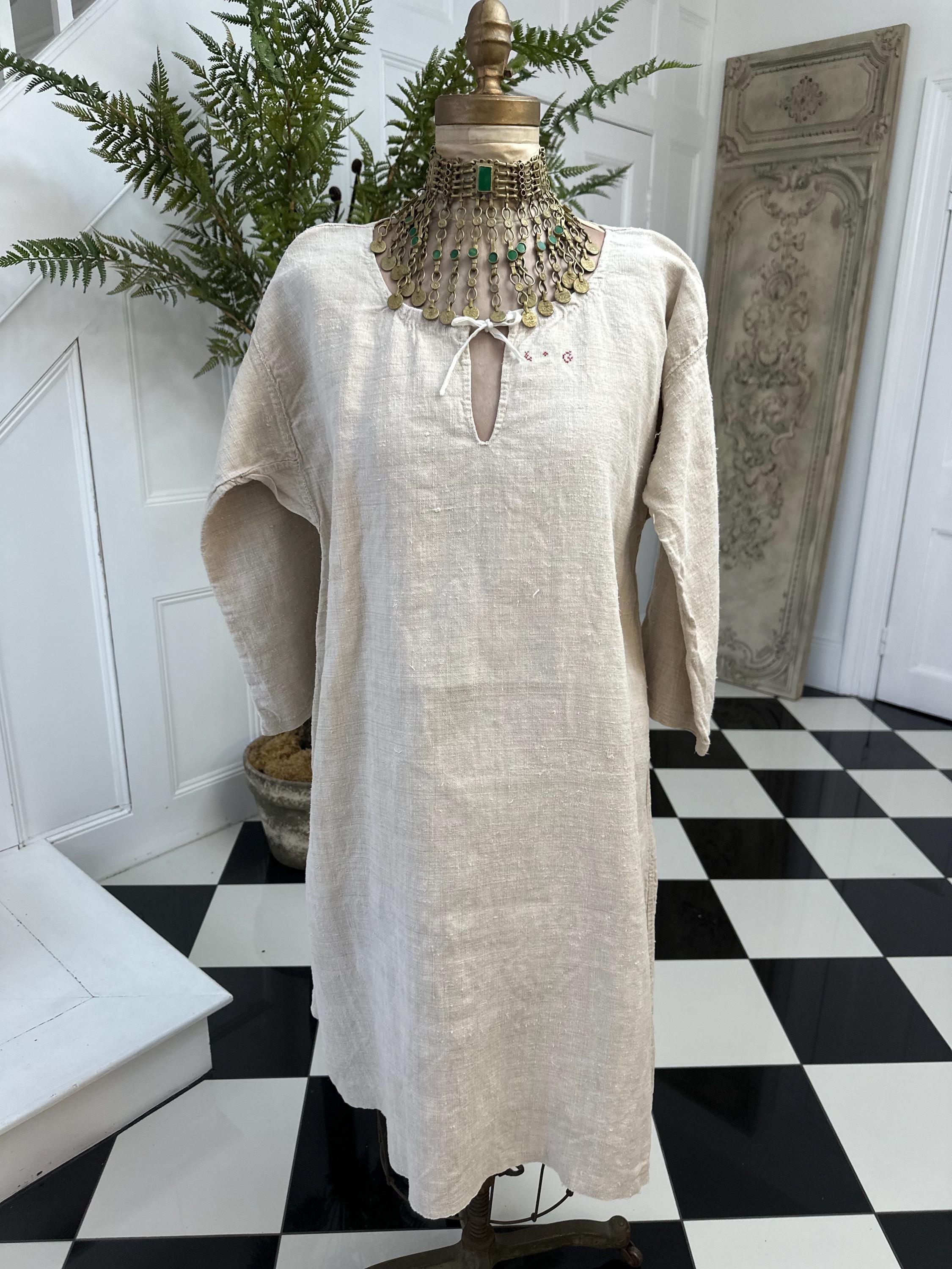 French 1800s hemp linen rustic farmers shirt smock dress