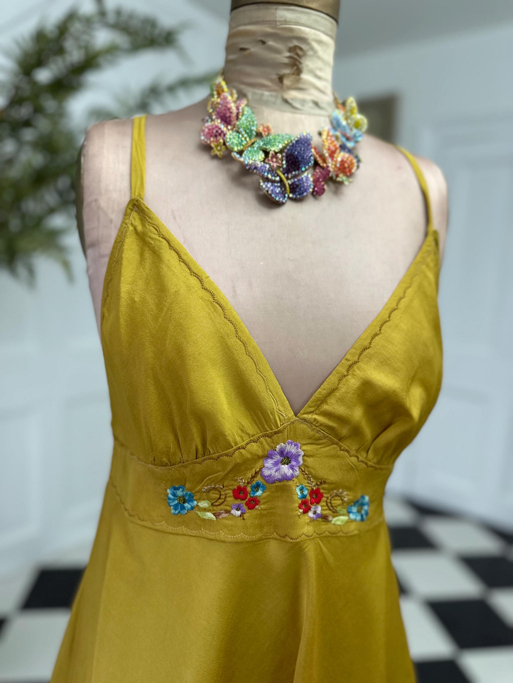 Vintage Mustard Cross Back Silky Mini Slip Dress