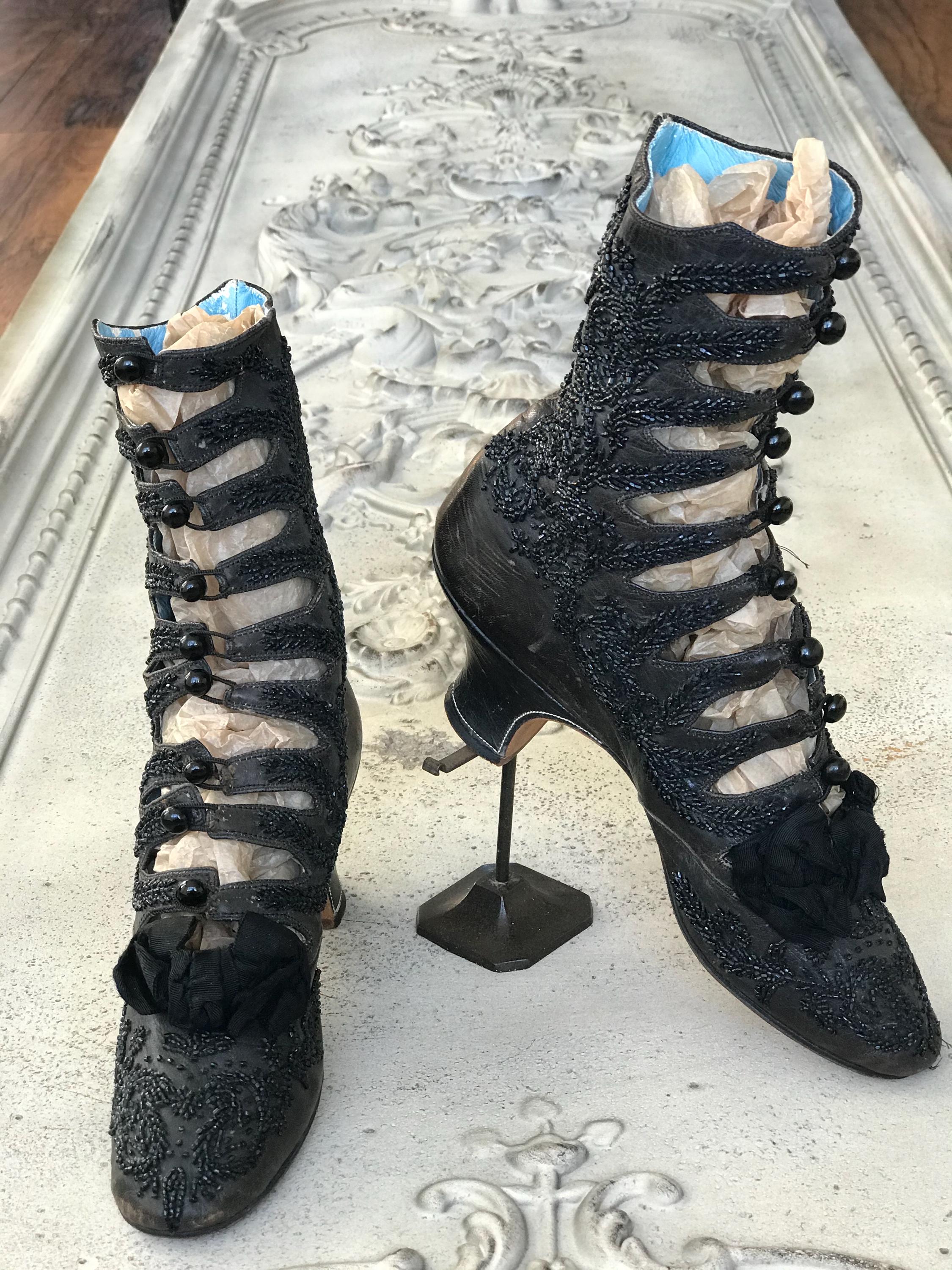 Antique Victorian shoe boots brown leather with beaded embroidery